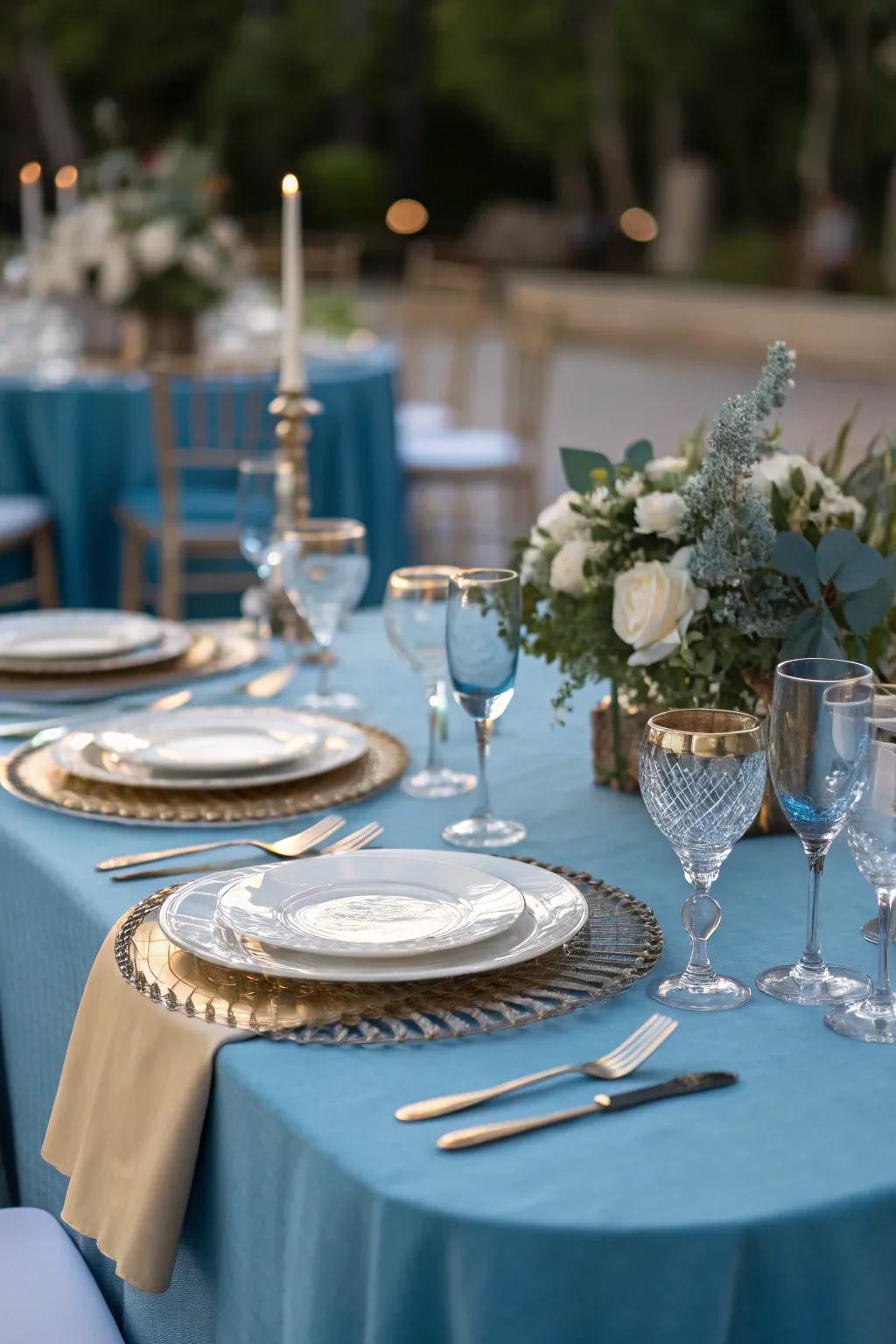 A beautifully arranged blue-themed dining setting, poised for a sophisticated get-together.