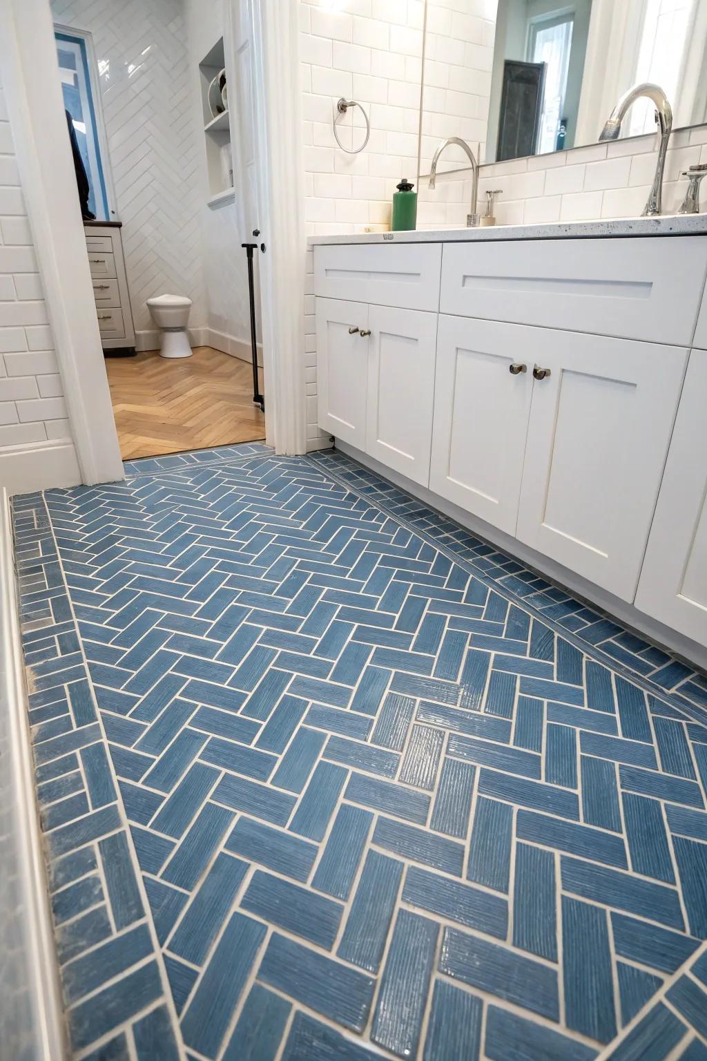 Any bathroom gains a hint of refinement from herringbone patterns.