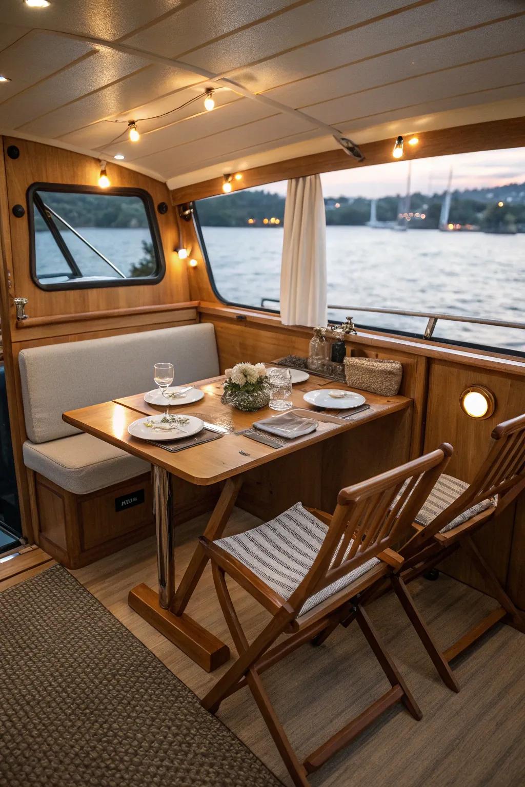 Small dining area featuring a foldable wooden table onboard a boat.