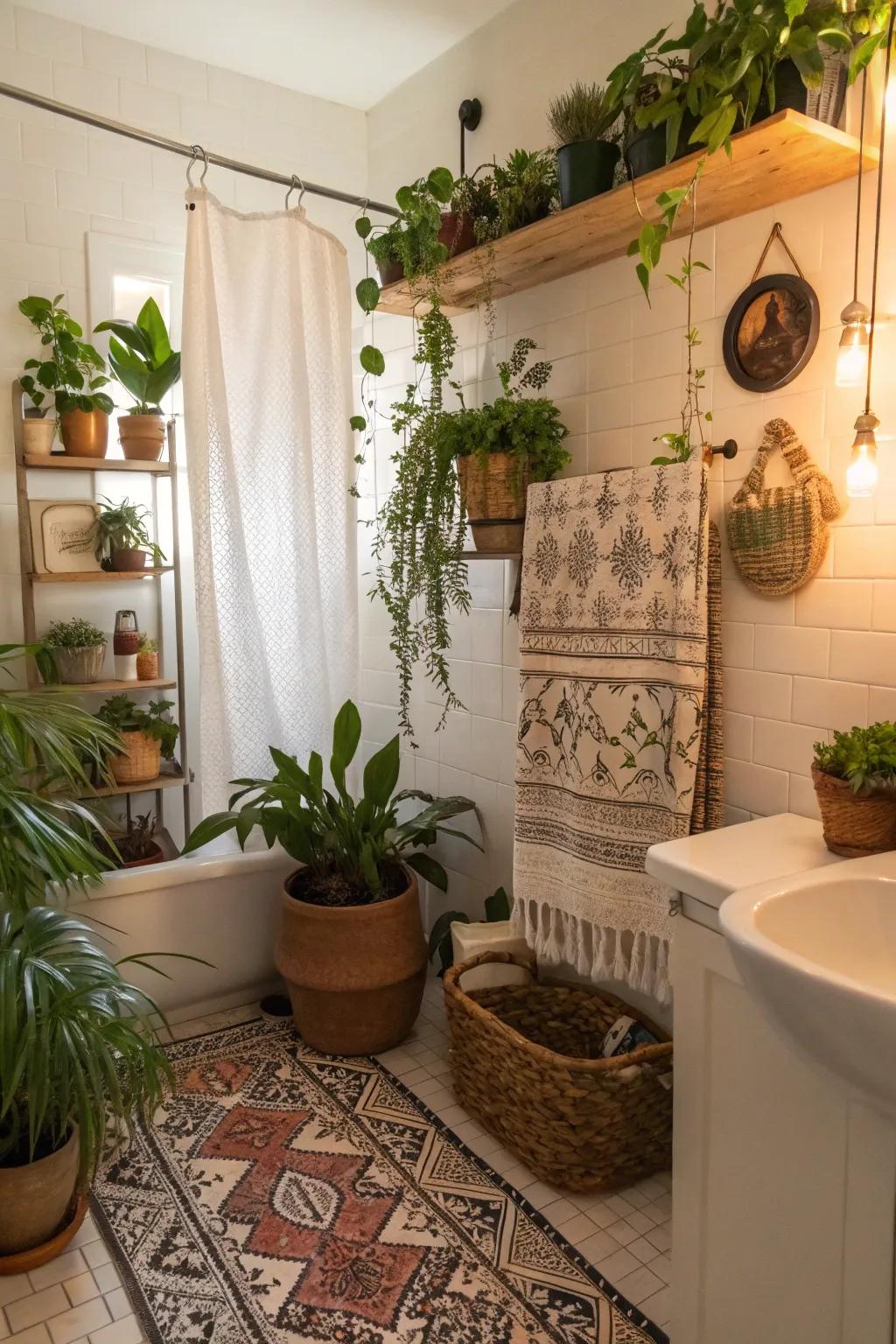 A boho bathroom haven decorated using luxurious plants.