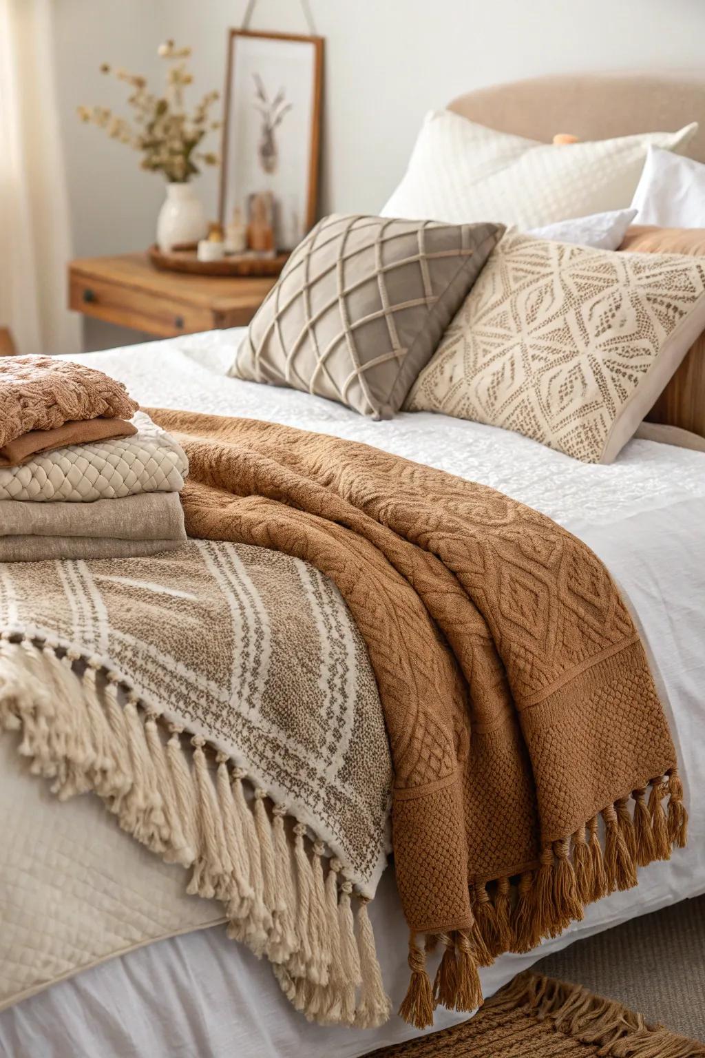 Layered textures provide depth and warmth to boho bedding.