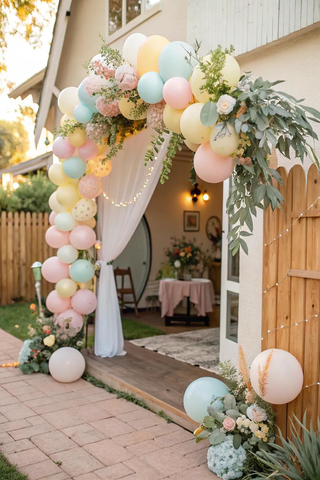 A balloon arch in gentle shades establishes a whimsical atmosphere.