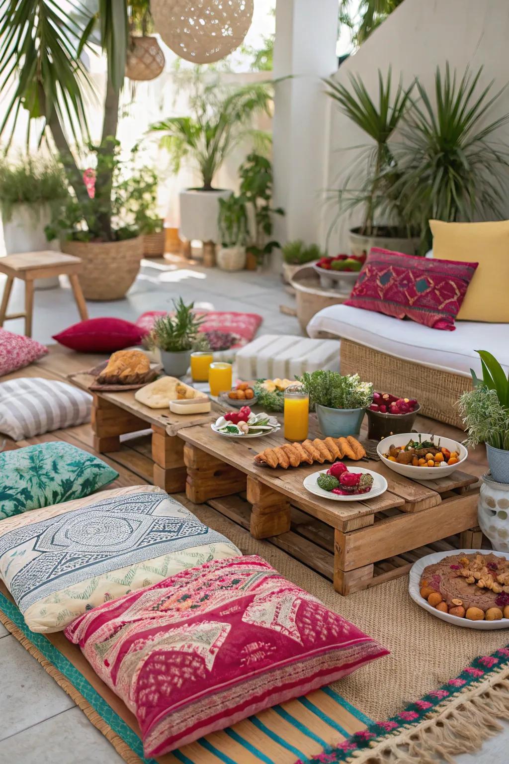 A comfortable floor seating arrangement perfect for a relaxed boho brunch.