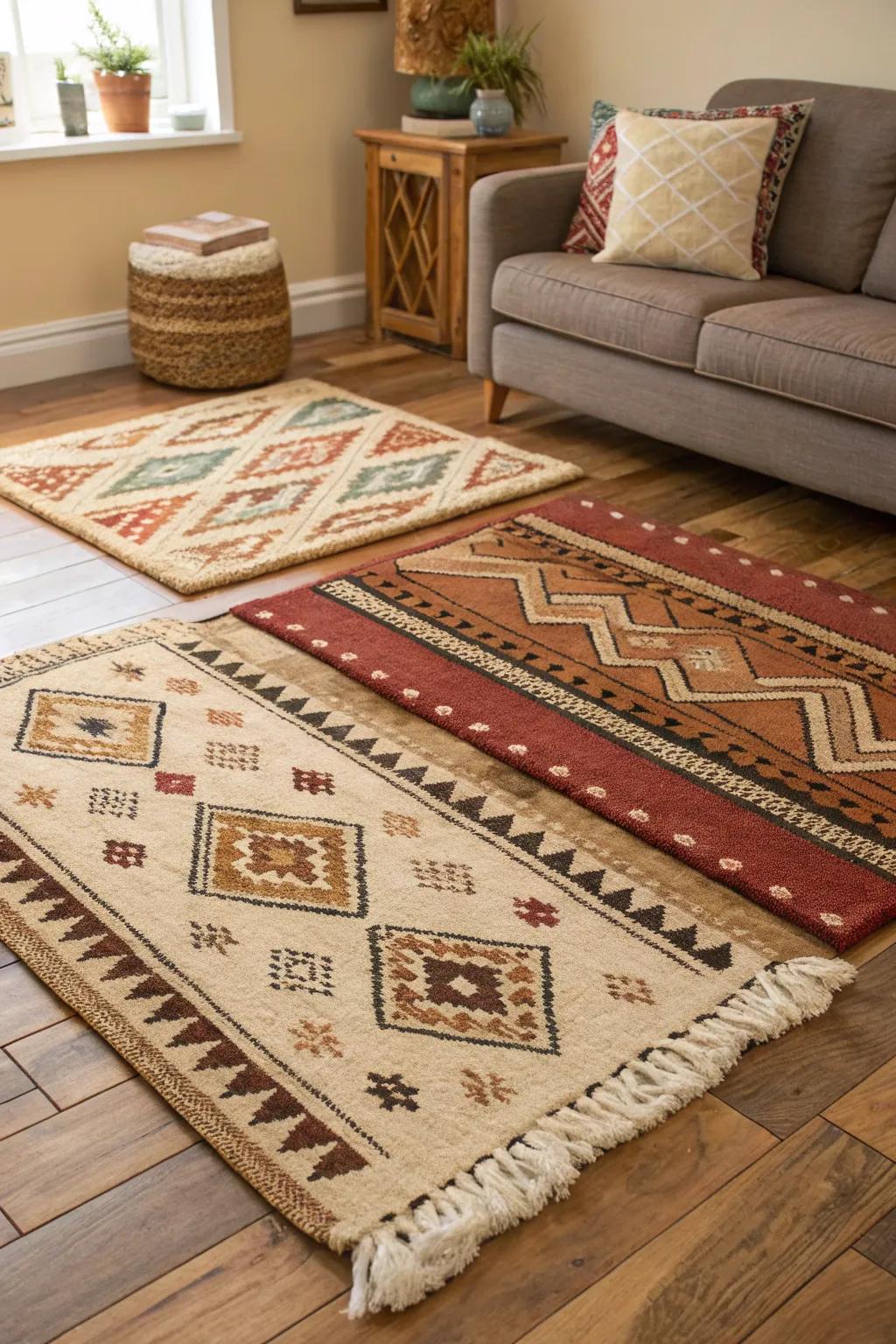 Layered carpets inject profundity and solace into a boho chic parlor.