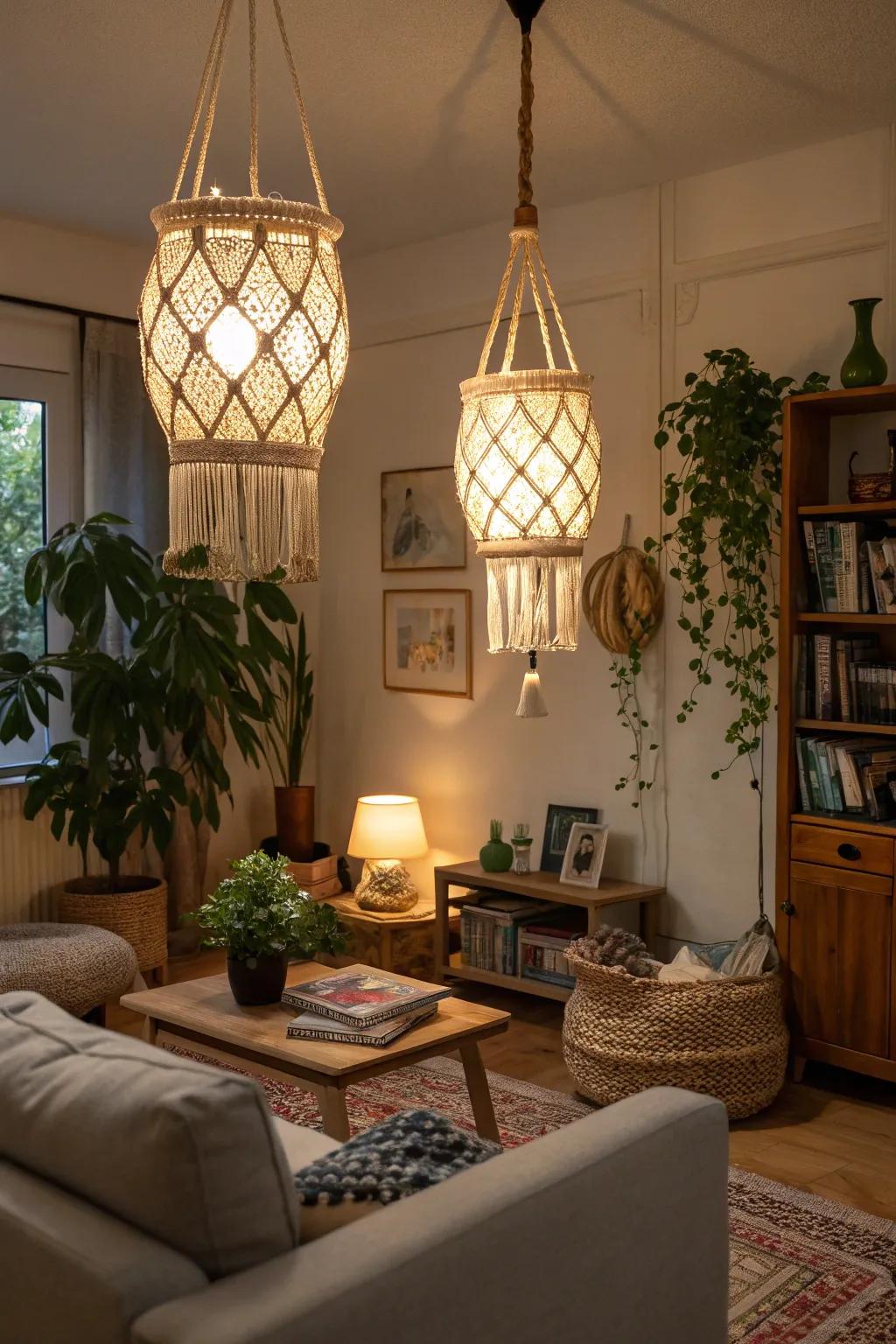 Macrame lanterns contributing texture to a bohemian living space.