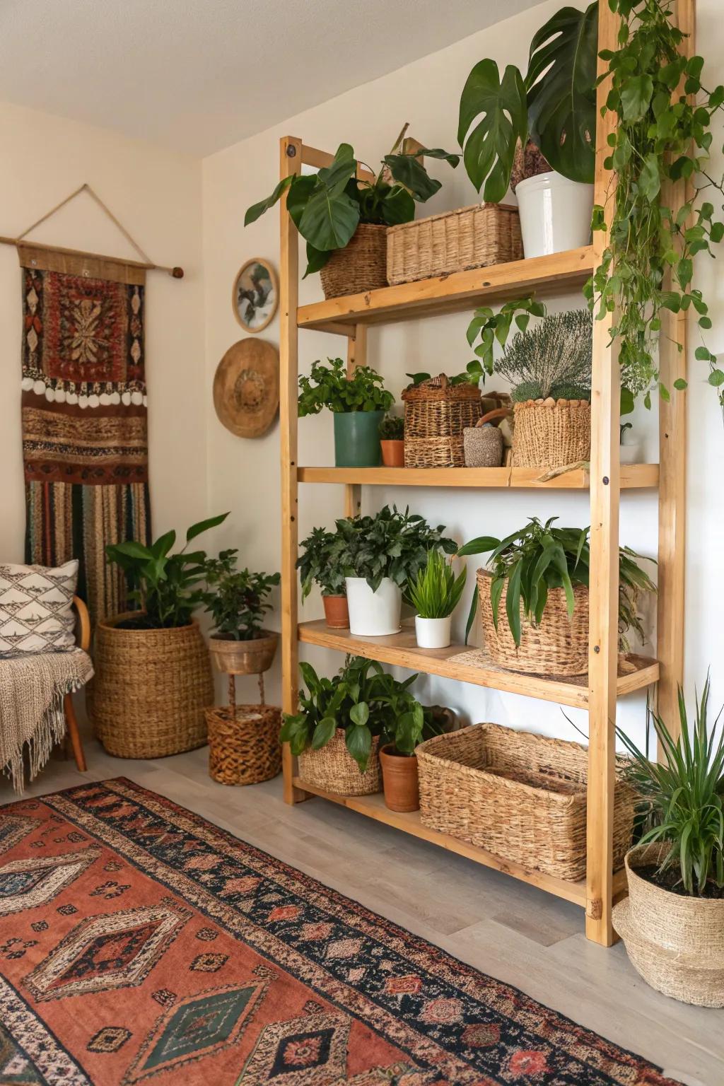 Native timber and wicker details enhance the bohemian plant display.
