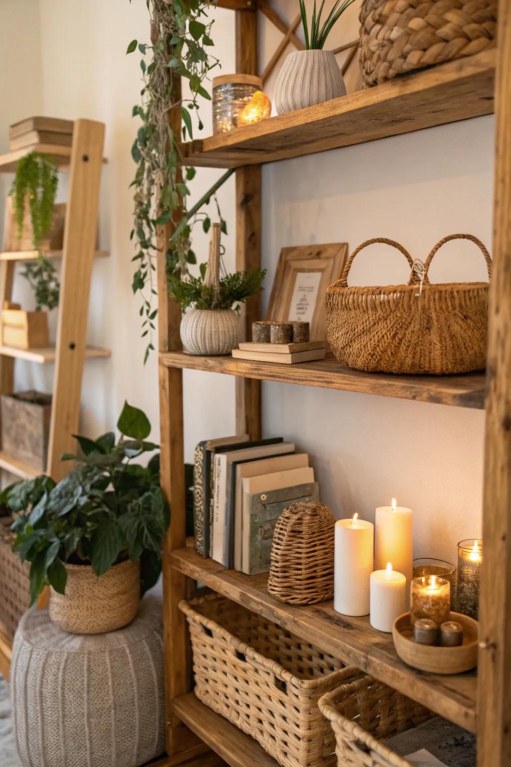 Materials like timber and rattan contribute a rustic feel.