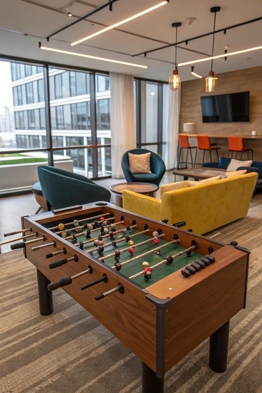 A vibrant game room featuring a table soccer game set up for play.
