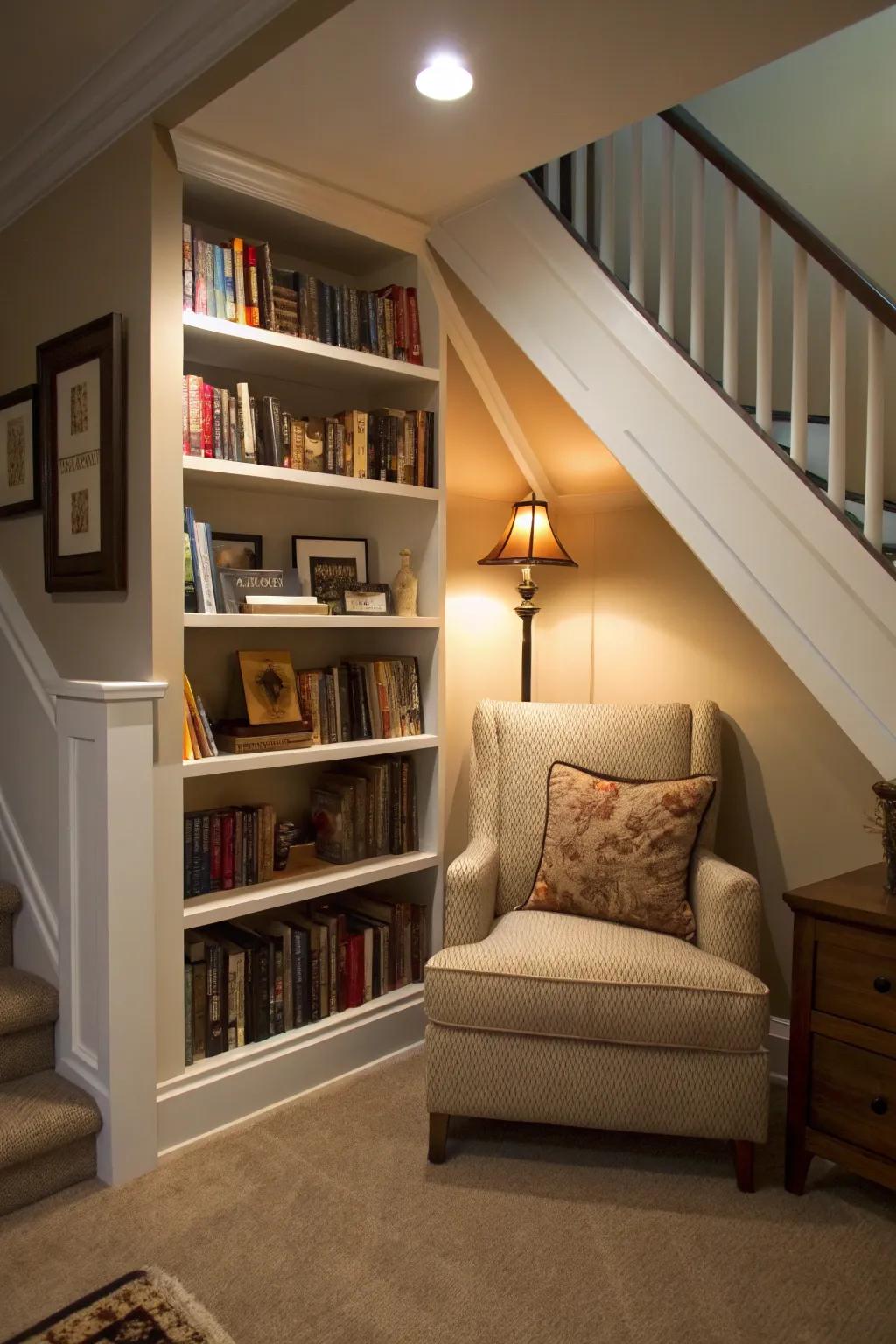 A concealed reading nook nestled beneath the stairs, an ideal spot for peaceful reading getaways.
