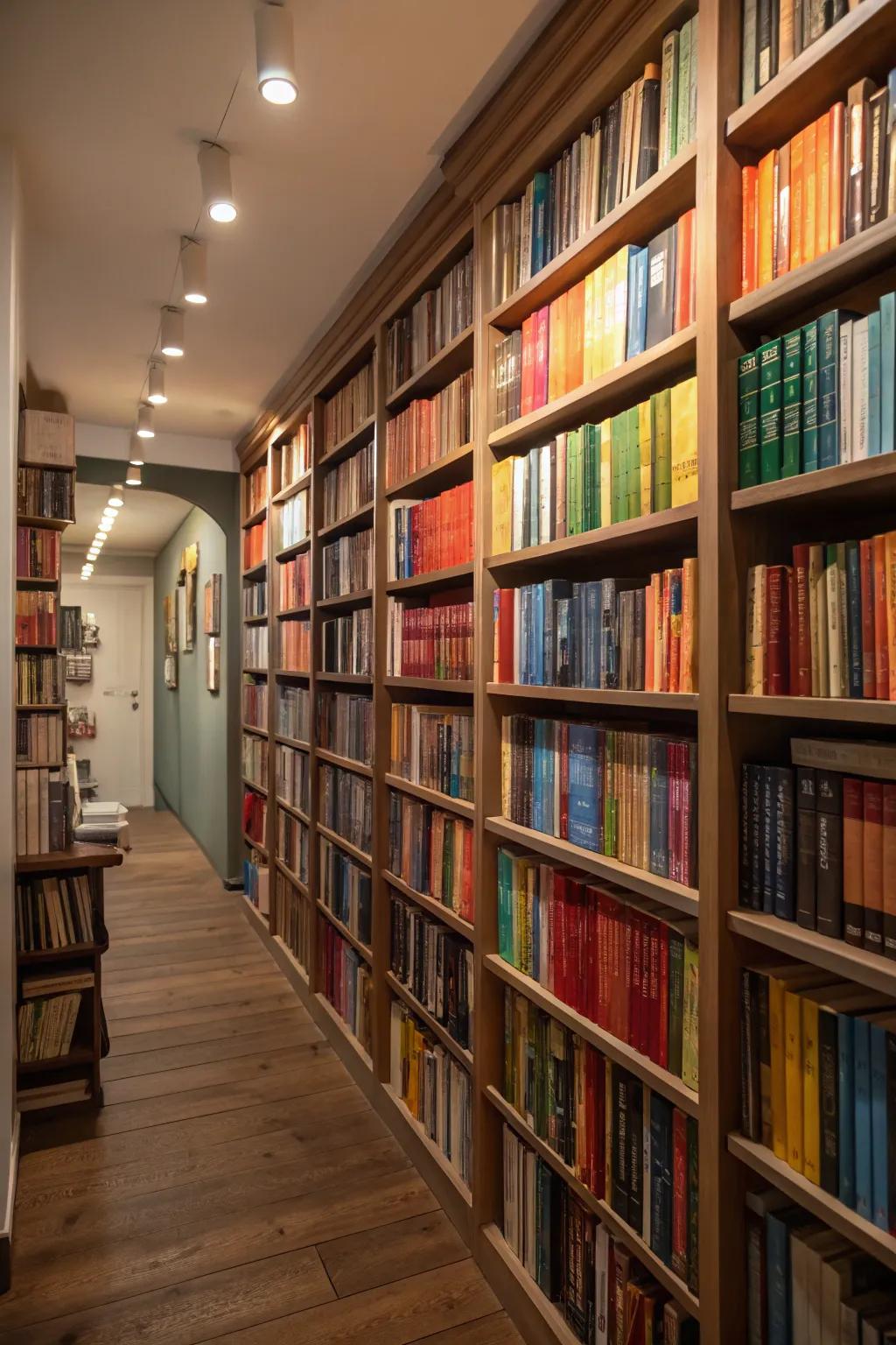 Bookshelves that go all the way up create a visually impressive display.