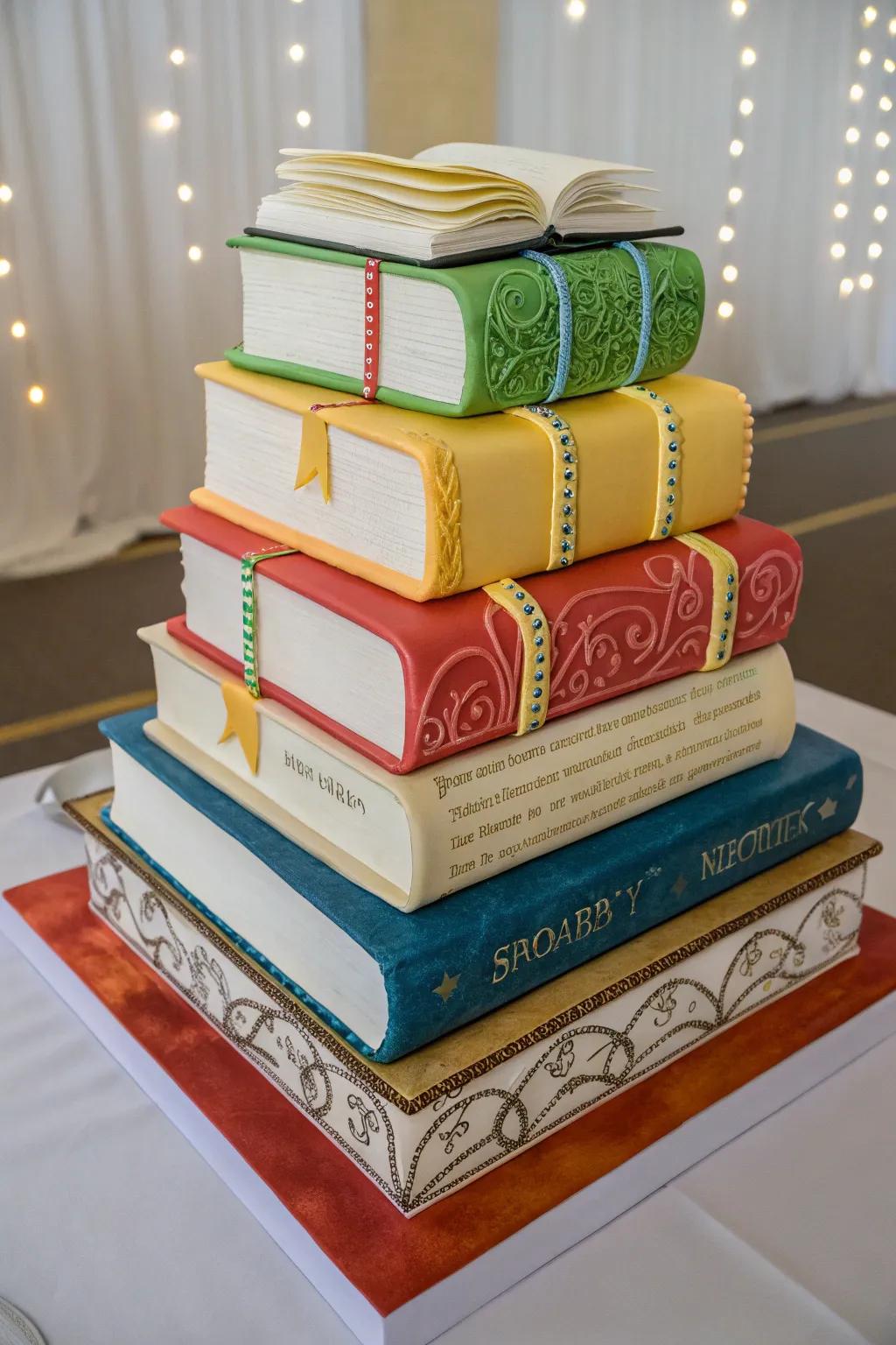 A cake designed to look like a stack of favorite books.