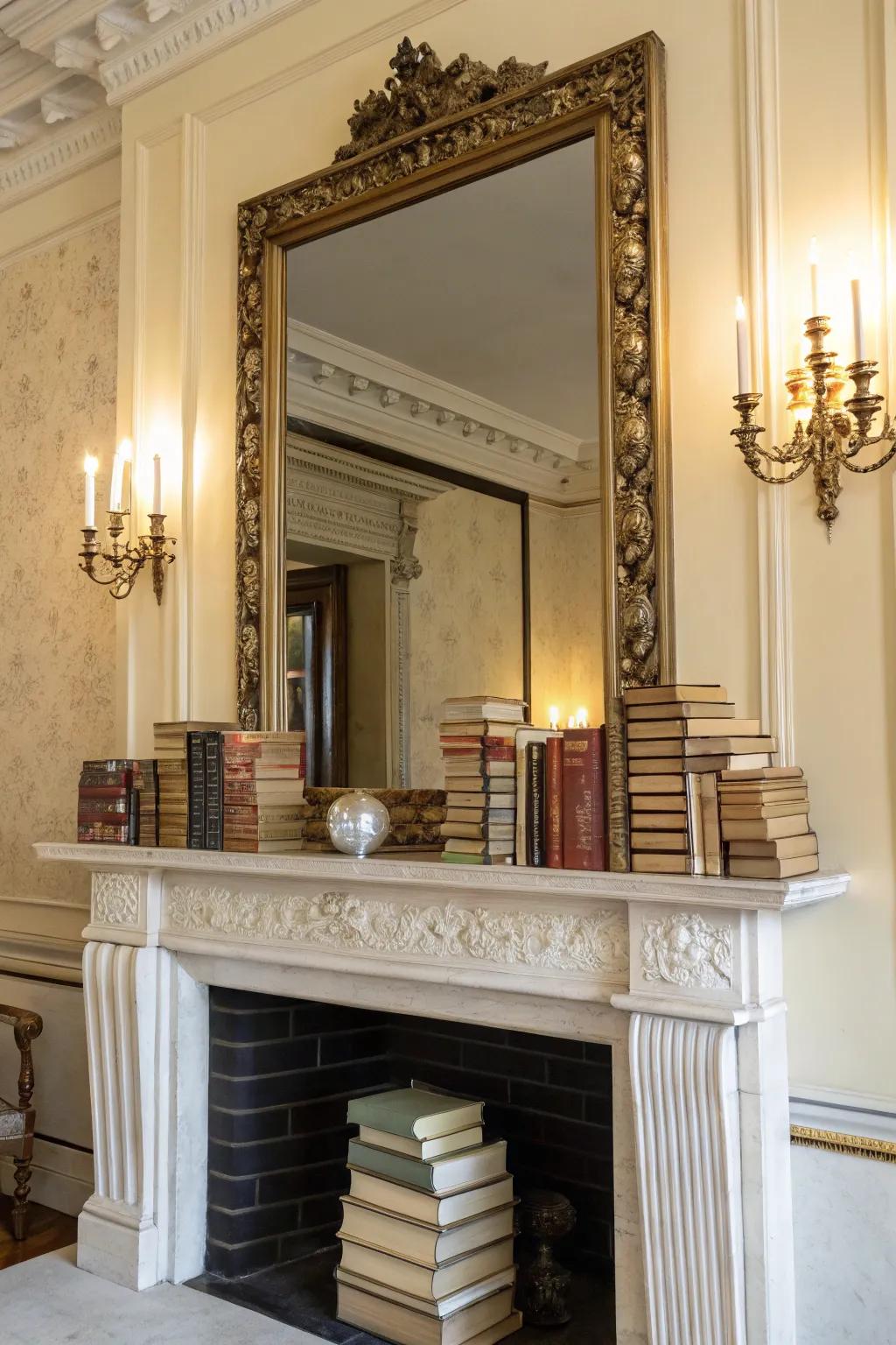 A mirror enhances the space above a mantel adorned with books.