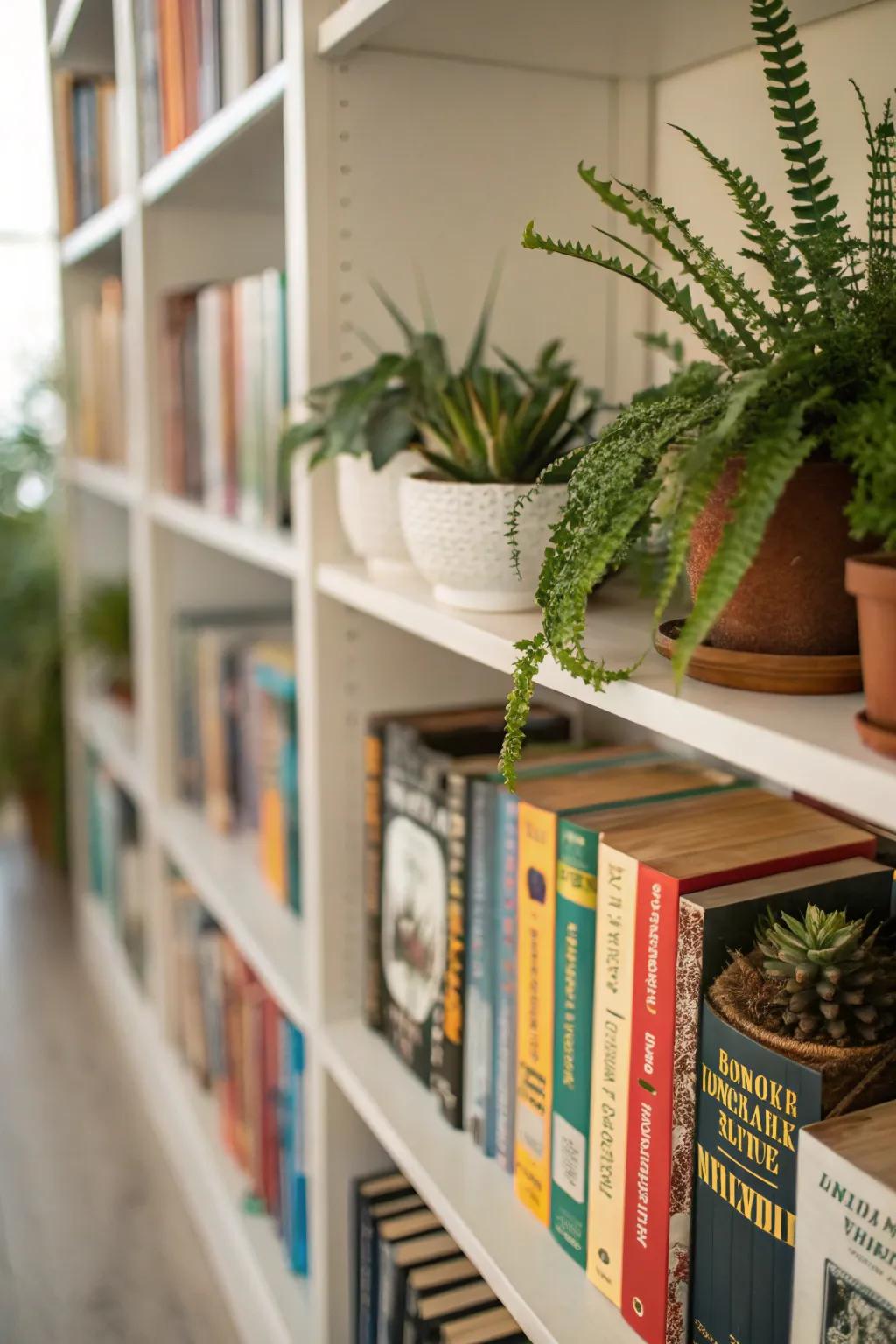 Shelves enhanced with the freshness of small plants and verdant touches.