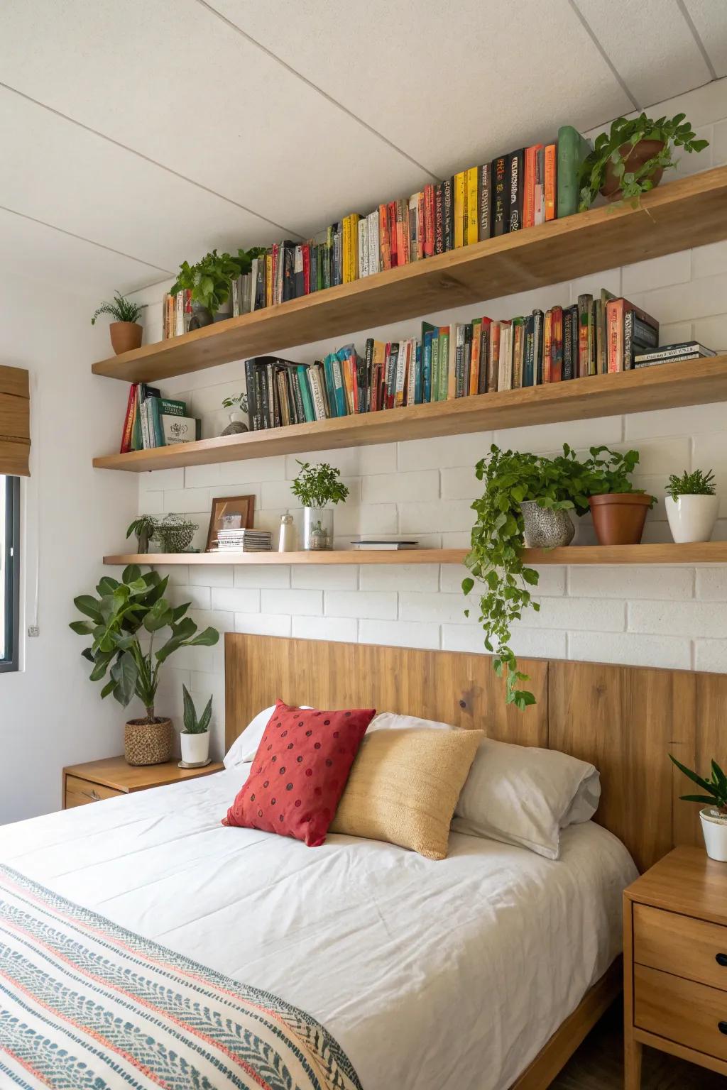 Floating shelves that enhance the elegance and practicality above the bed.