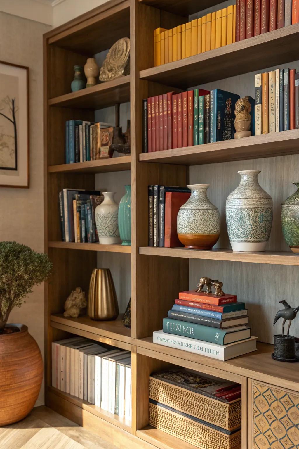 Personalize your shelves with ornamental items next to your books.