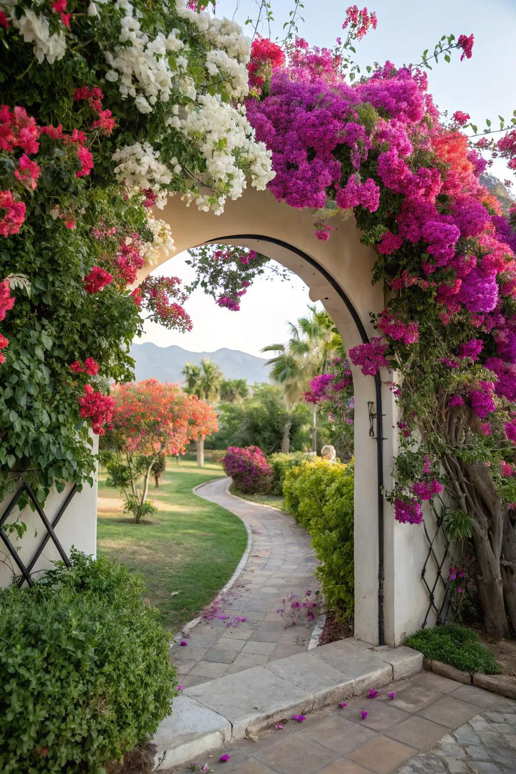 Bougainvillea has transformed a garden entrance into a captivating archway.