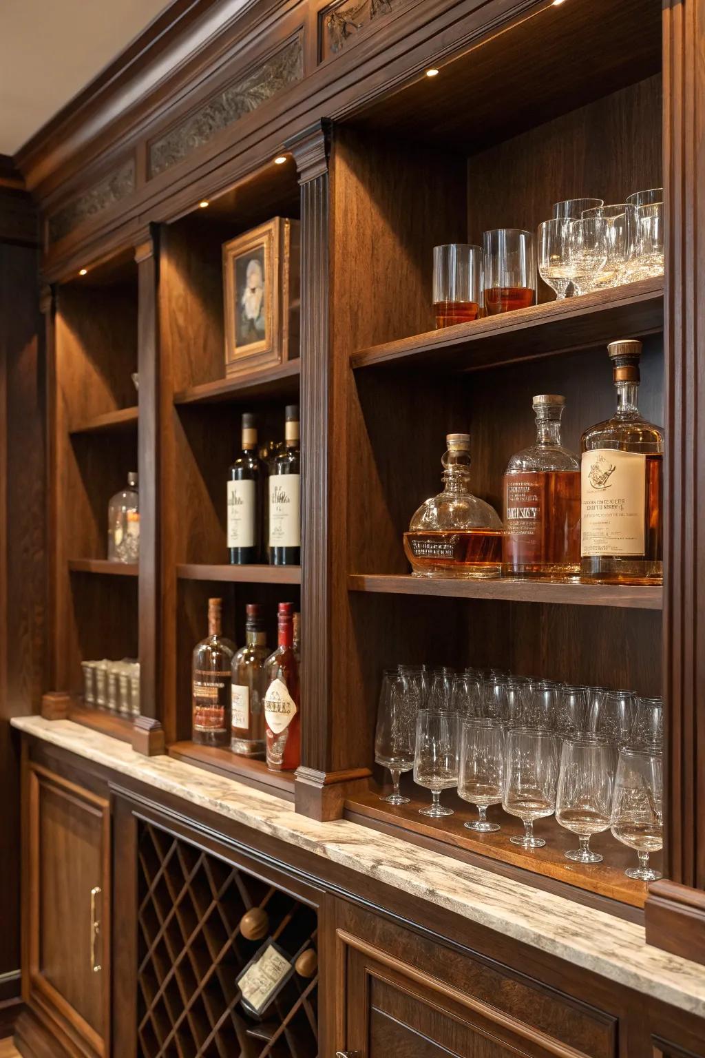 Dark wooden shelves display a spirits collection elegantly.
