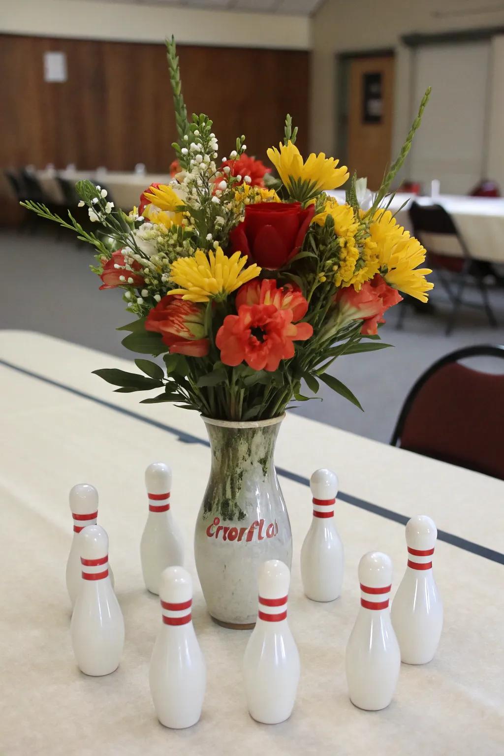 Blossoming flowers contribute a natural sophistication to a bowling-themed centerpiece.