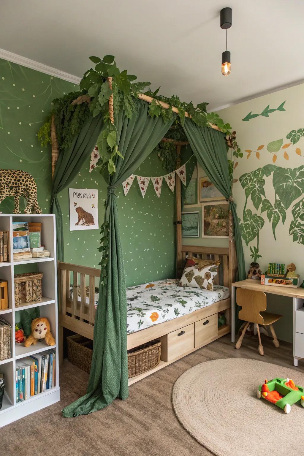 Transform bedtime into a safari expedition with a jungle-themed canopy.