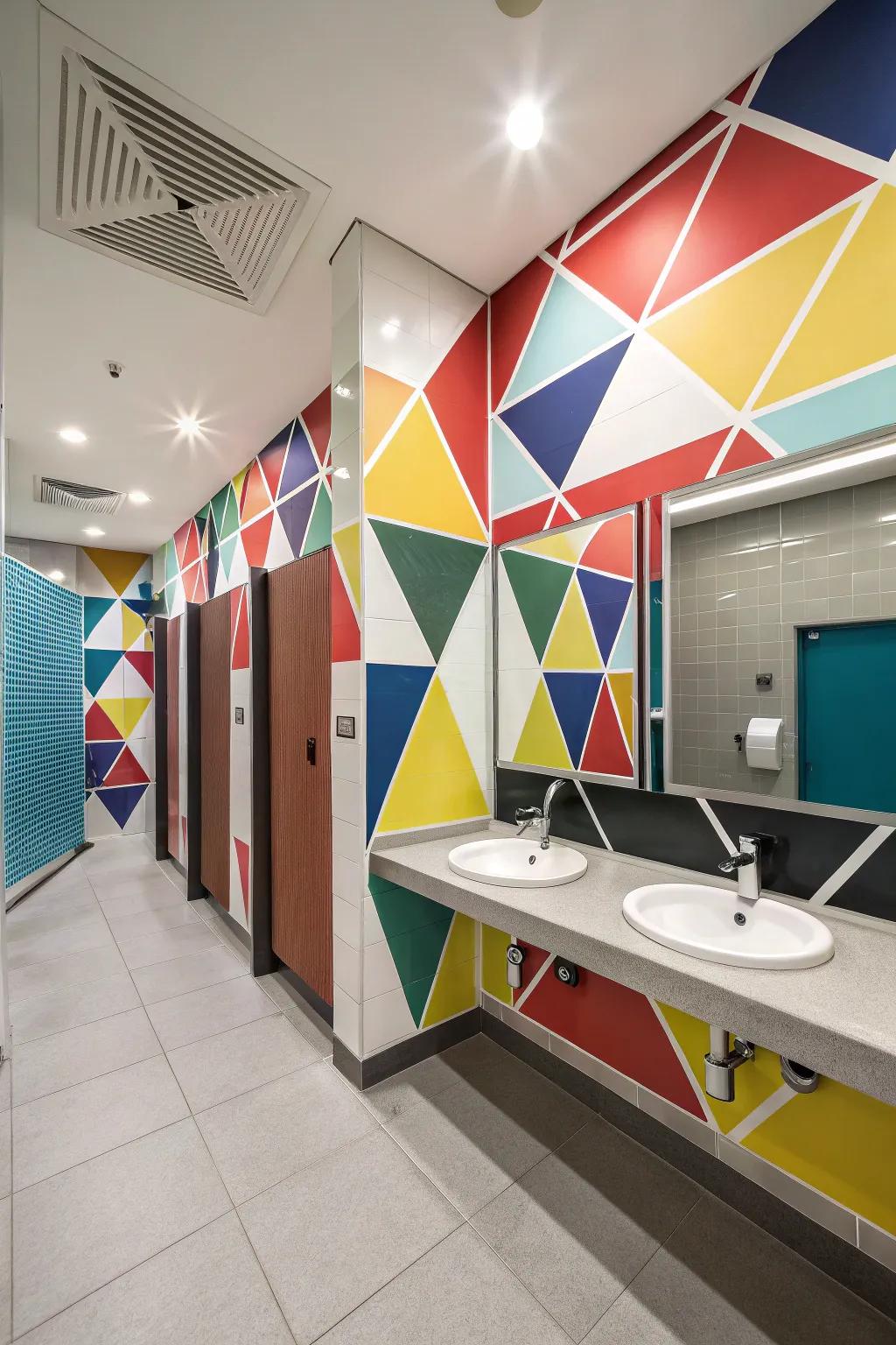 A modern boys' bathroom featuring geometry inspired decor.