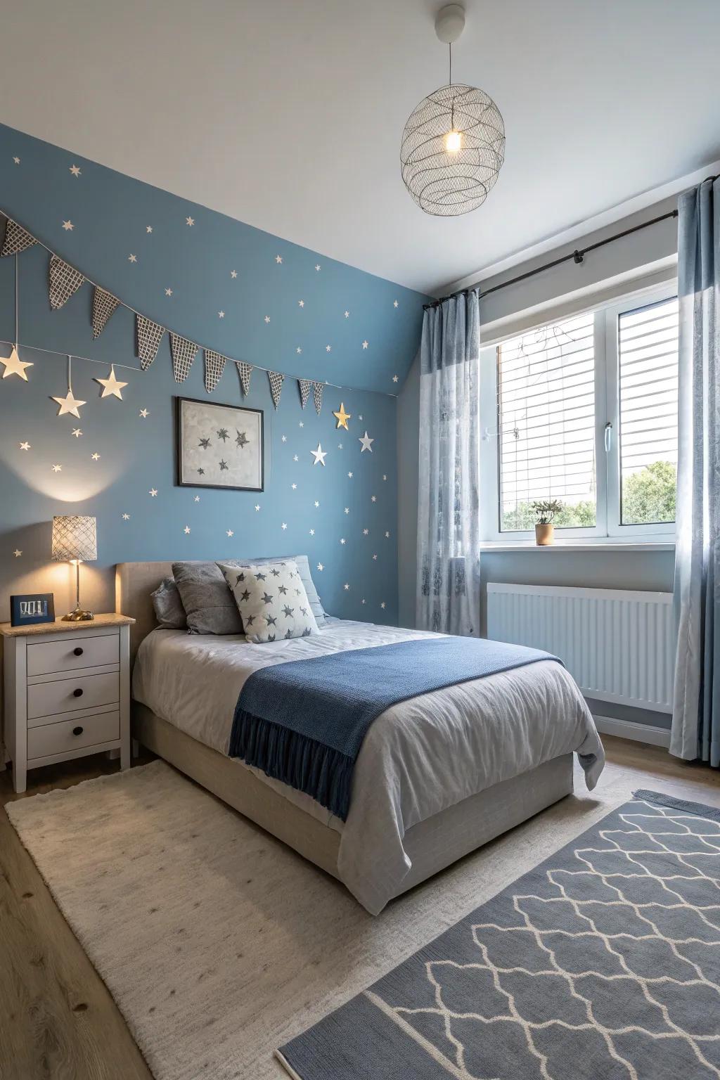 A relaxing color theme makes for a quiet bedroom for boys.