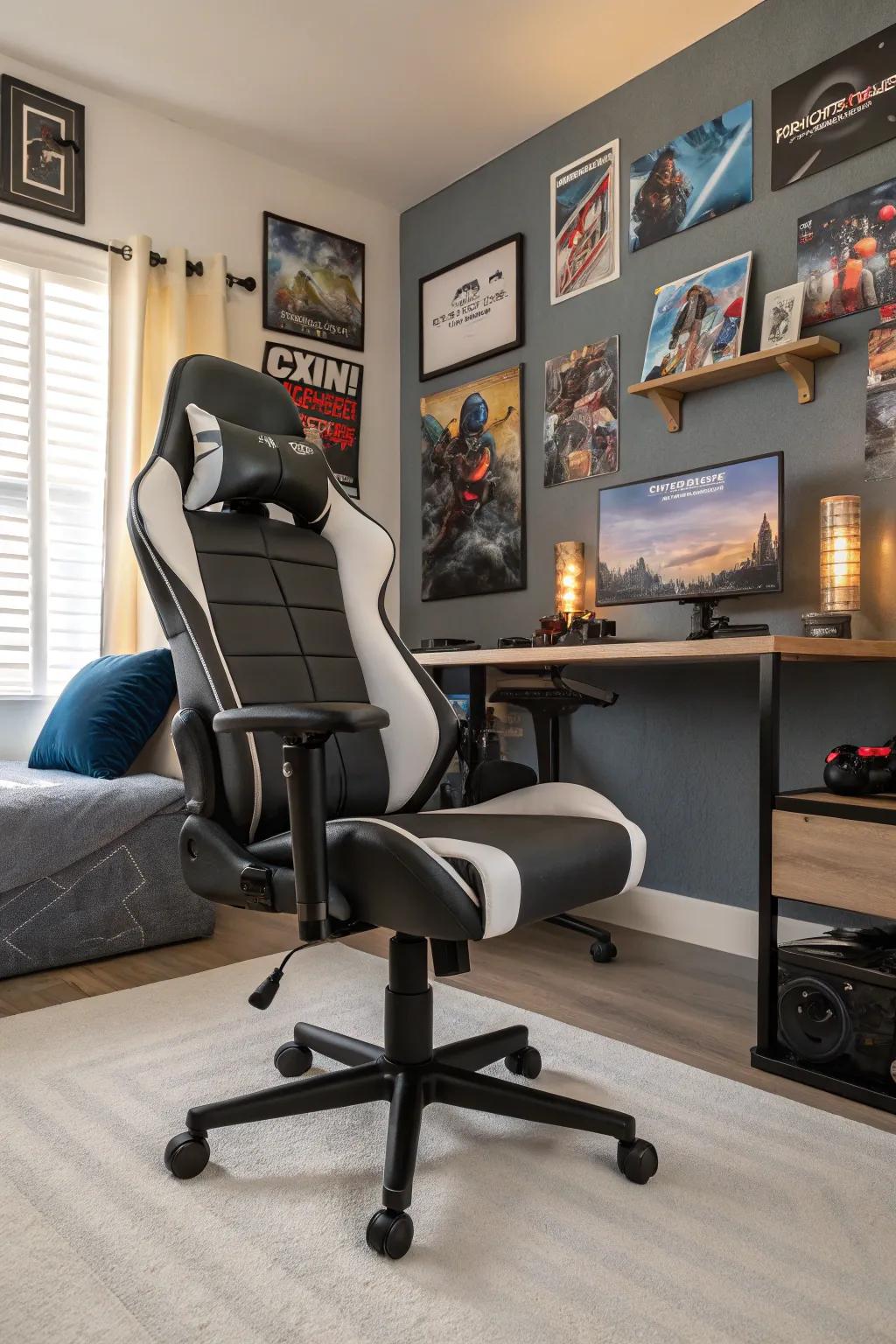 An ergonomic gaming chair blends comfort with appealing aesthetics.