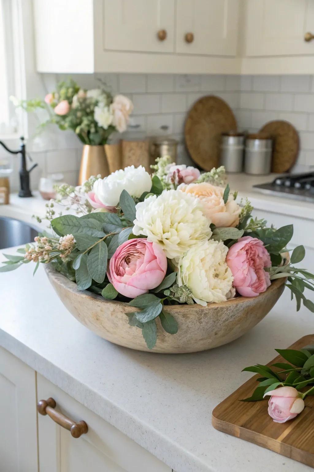 Spring blooms in a bread bowl breathe freshness into any space