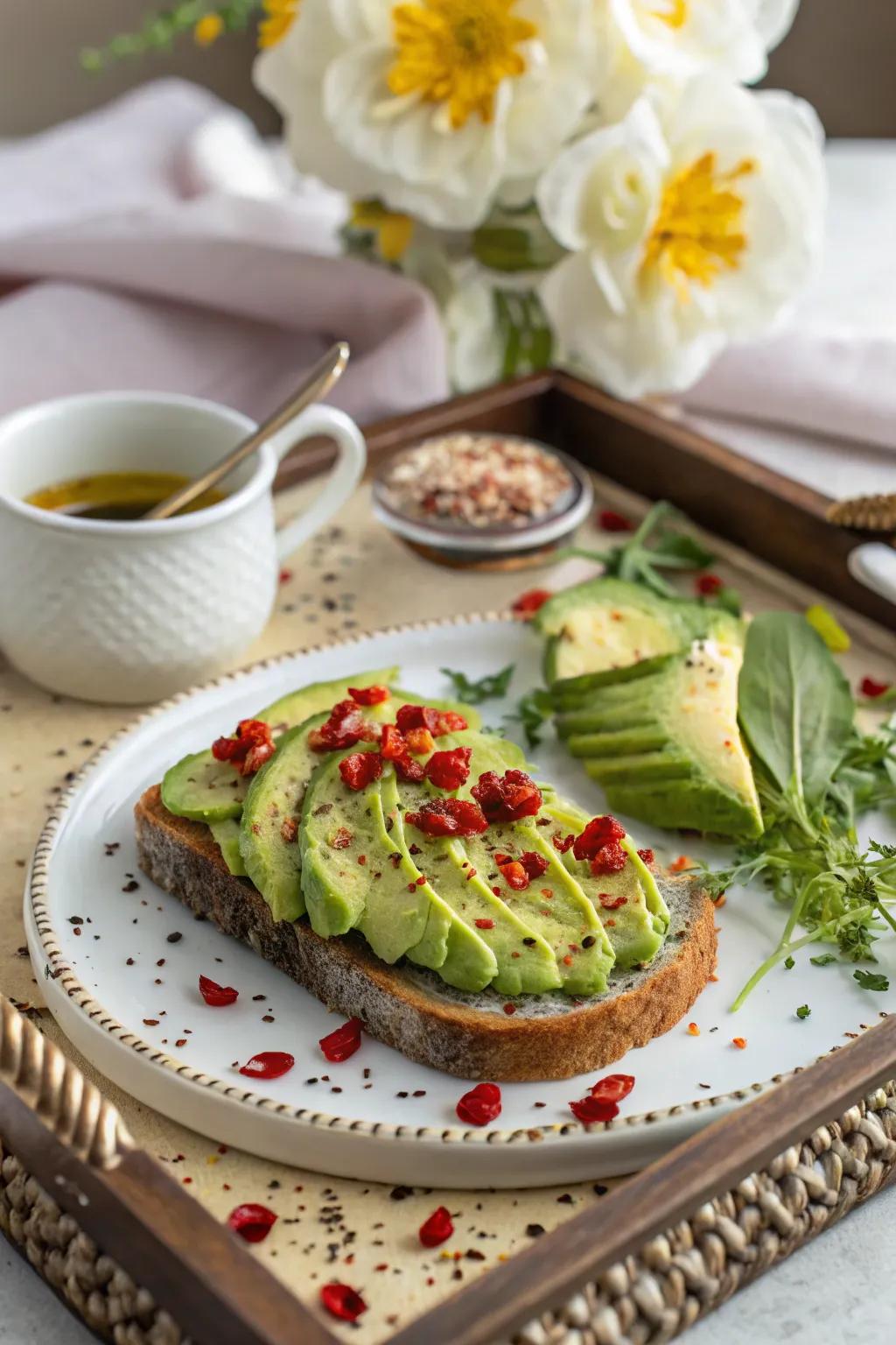 Smashed avocado toast receives a flavorful enhancement through spicy and savory touches.