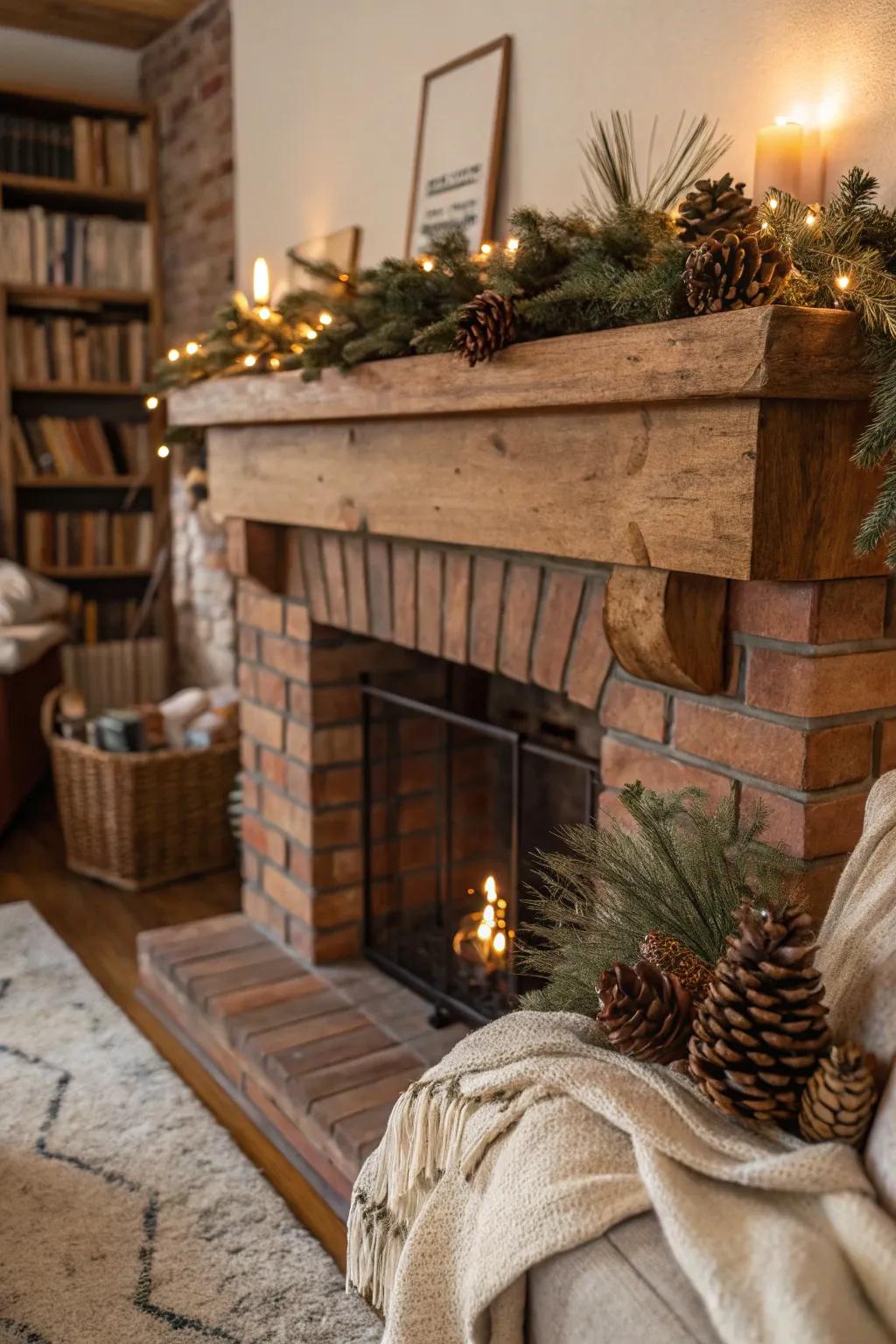 A weathered wood mantel infuses your fireplace with warmth and unique appeal.