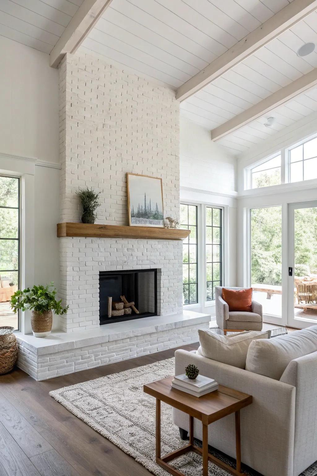A modern whitewashed brick hearth that introduces a fresh and airy vibe to your space.