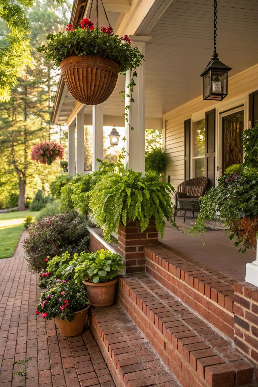 A green oasis with plants accentuating the brick porch's natural beauty.