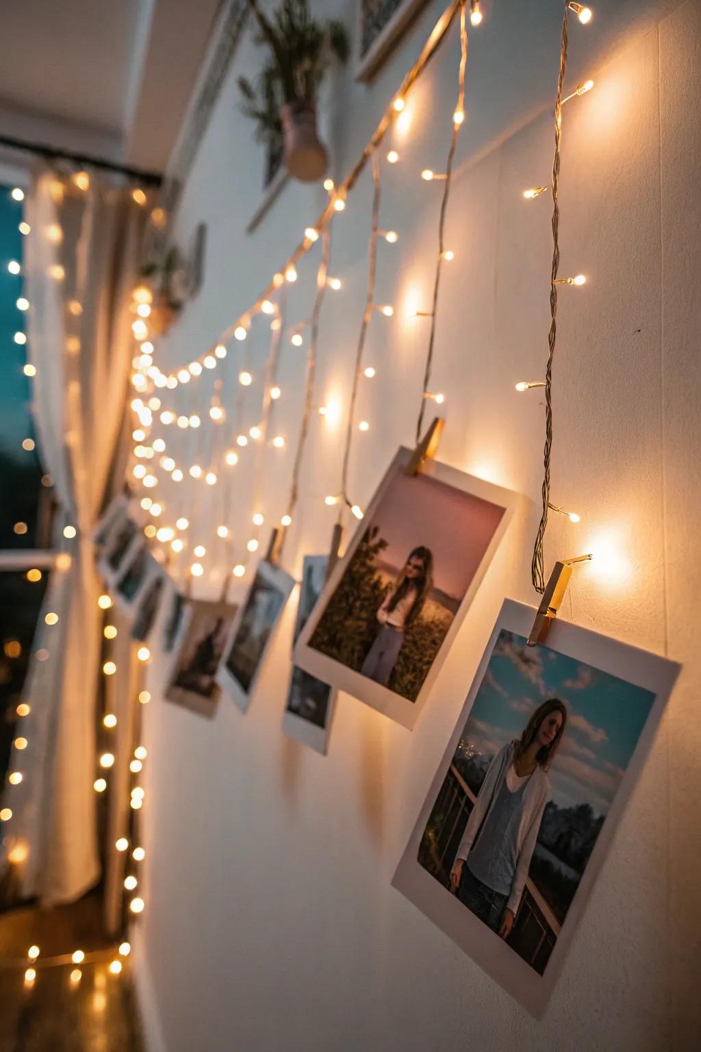 Glimmering twine exhibit showcasing pictures and miniature lights.