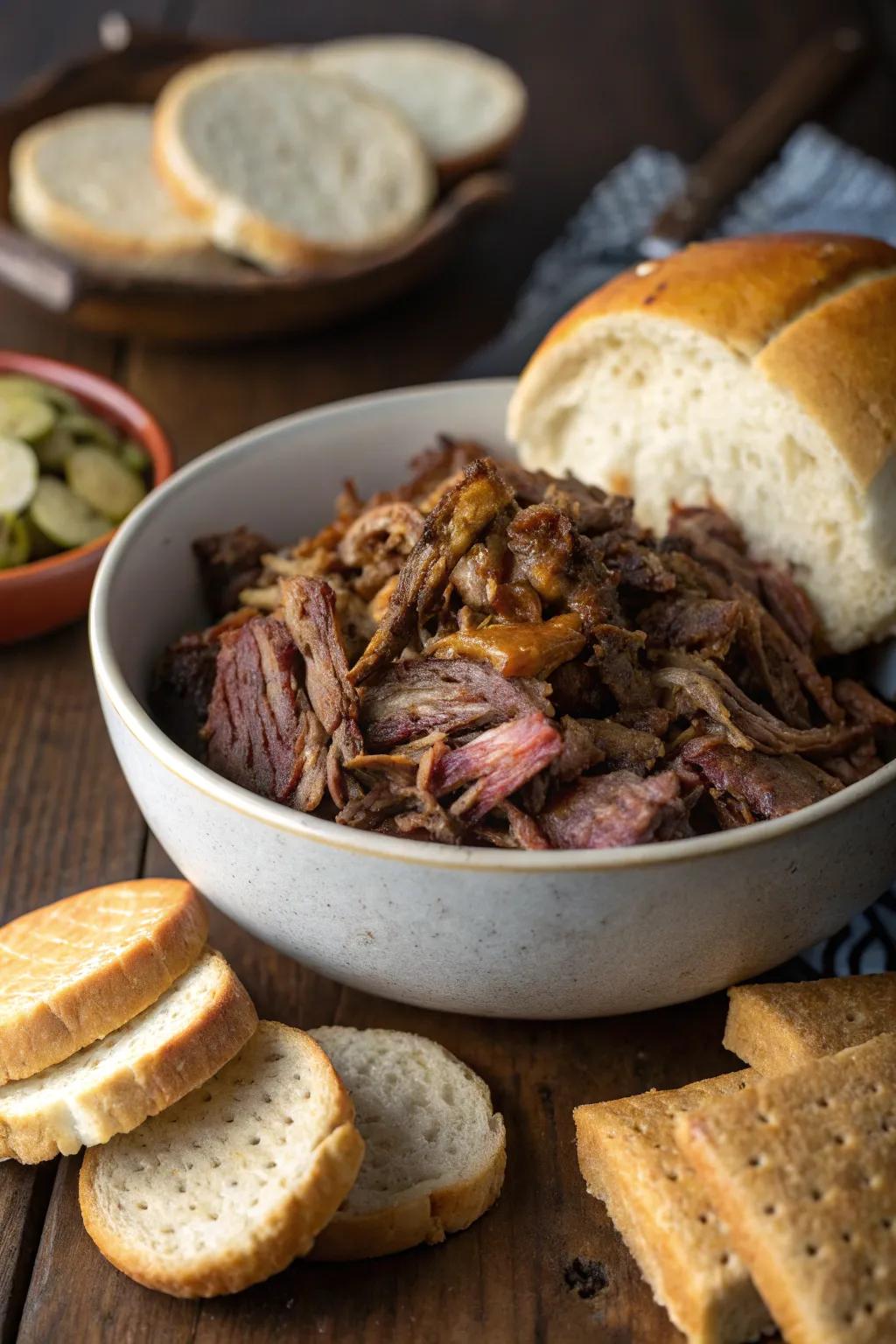 Soft shredded smokehouse meat ready to be paired with bread or crackers.