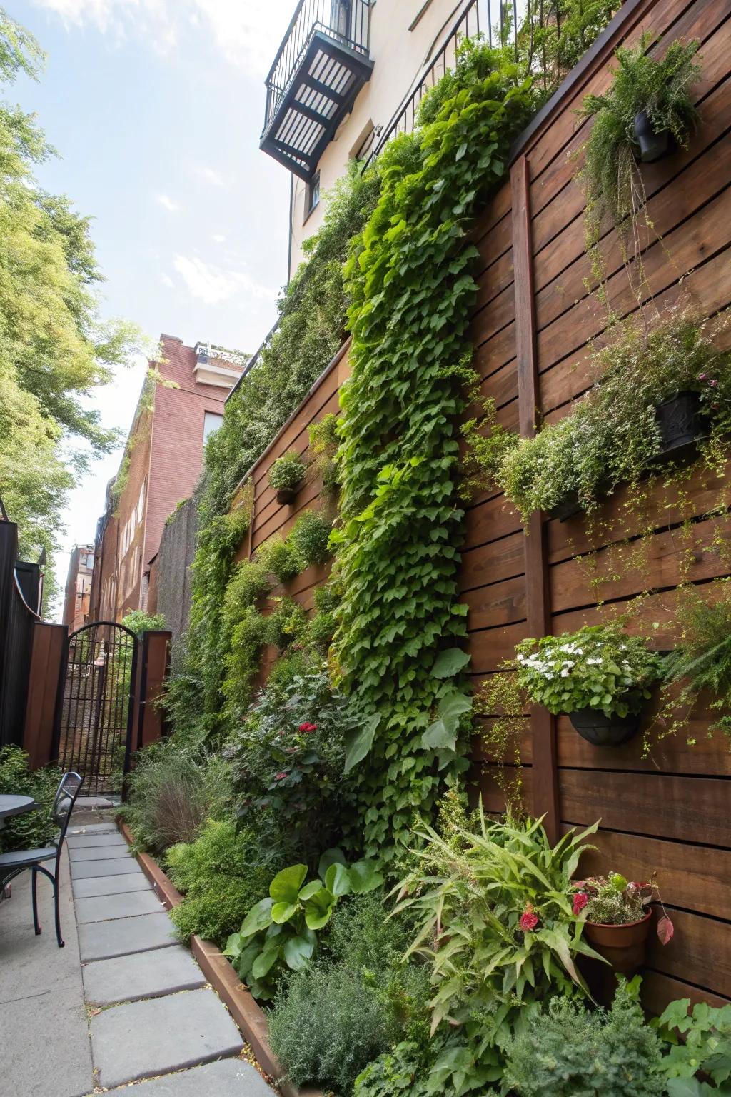 Vertical gardens introduce vibrant green to brownstone backyards.