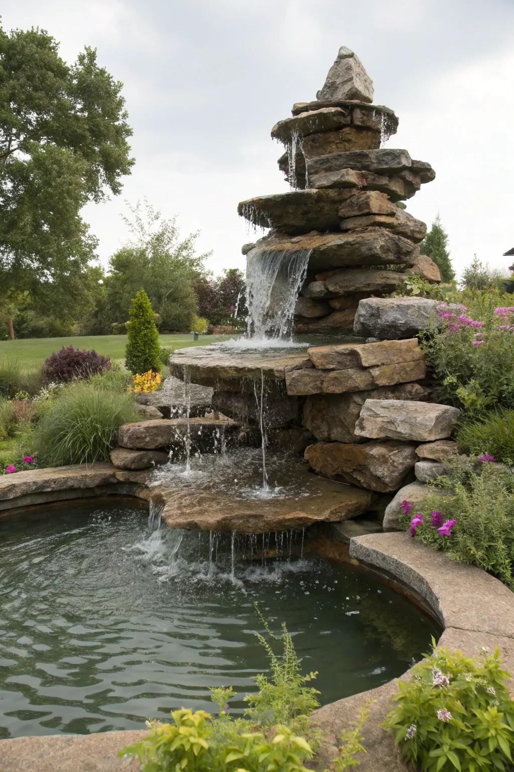 A multi-tiered fountain presents a vibrant and soothing water presentation.