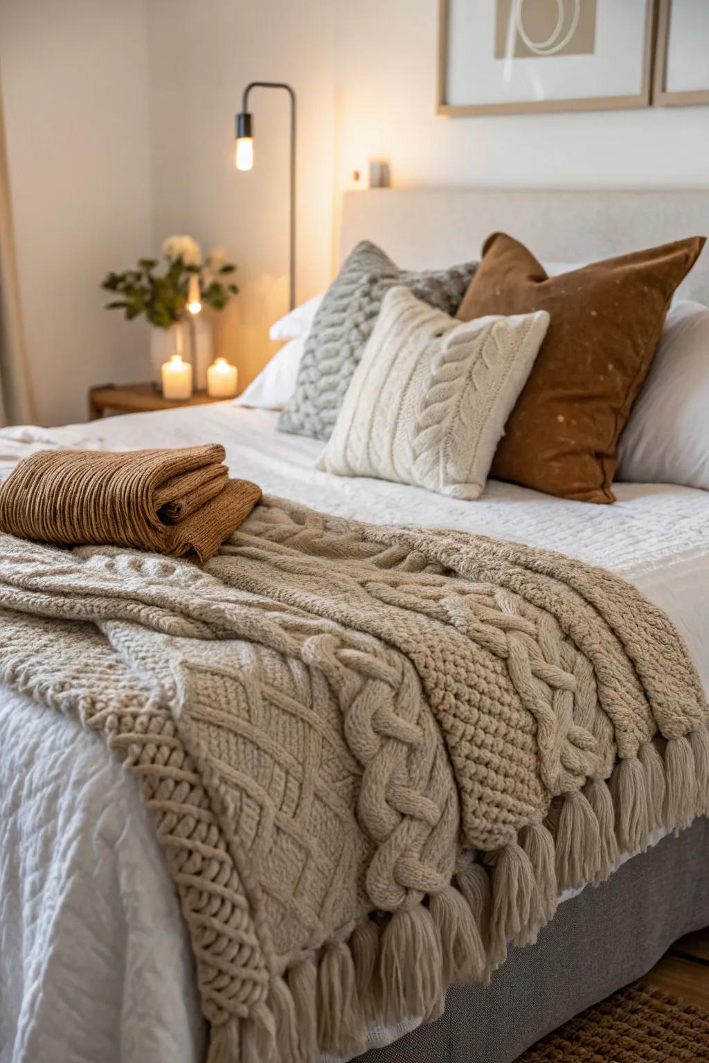 Textured bedding enriches a budget-friendly bedroom with warmth.