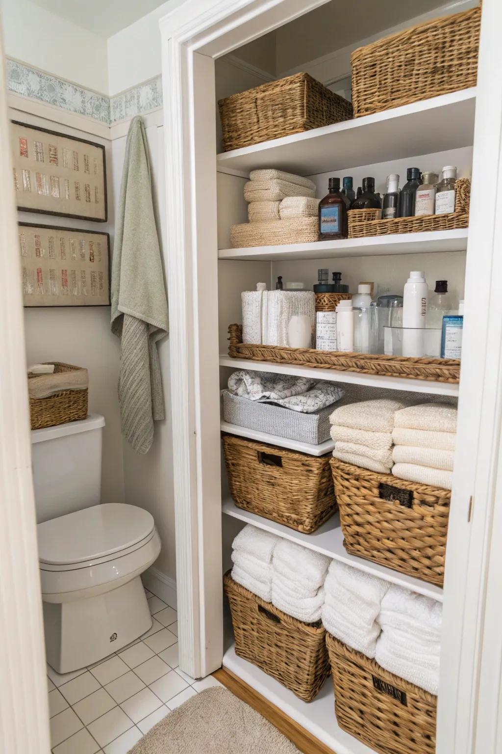 Effective storage options utilize shelves and bins in a small bathroom.