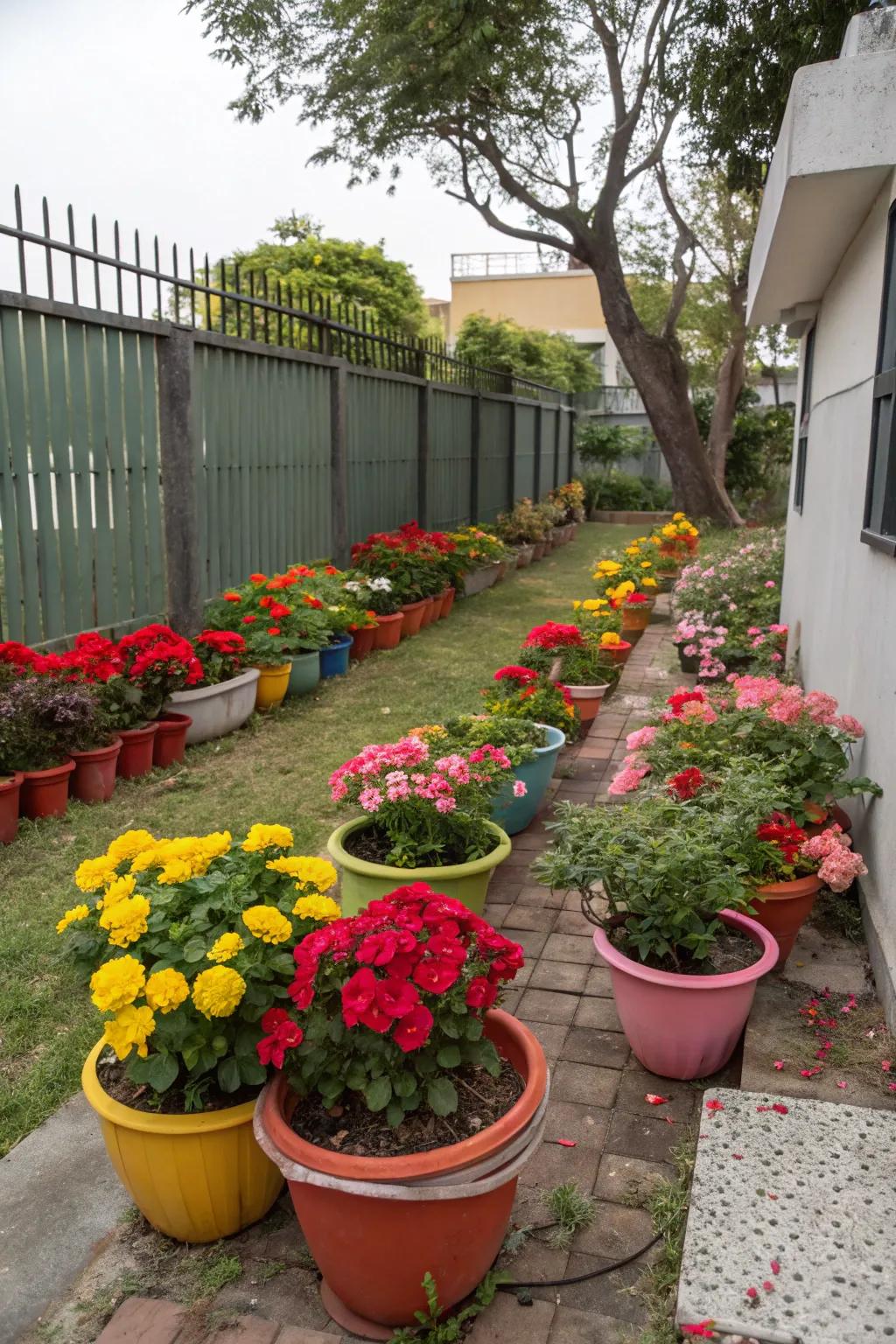 Colorful plant pots add vibrancy and life to a compact garden space.
