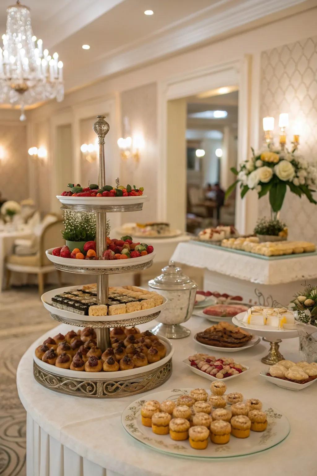 Achieve visual intrigue with layered elegance through the use of multi-level stands.