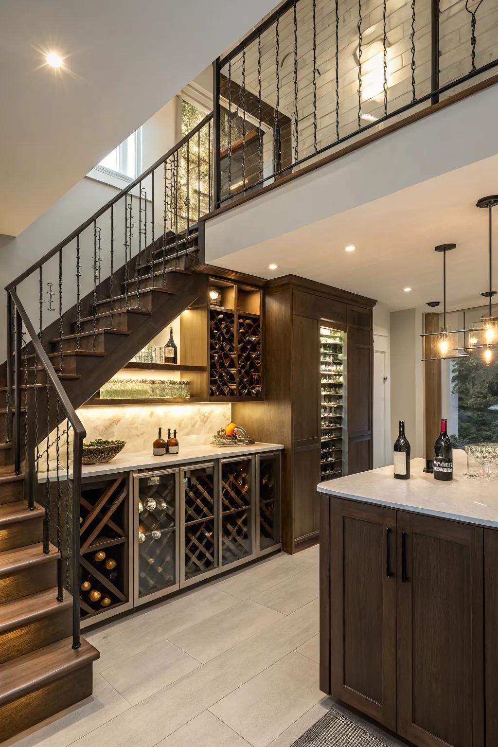A chic beneath-the-staircase drink station that optimizes area wonderfully.