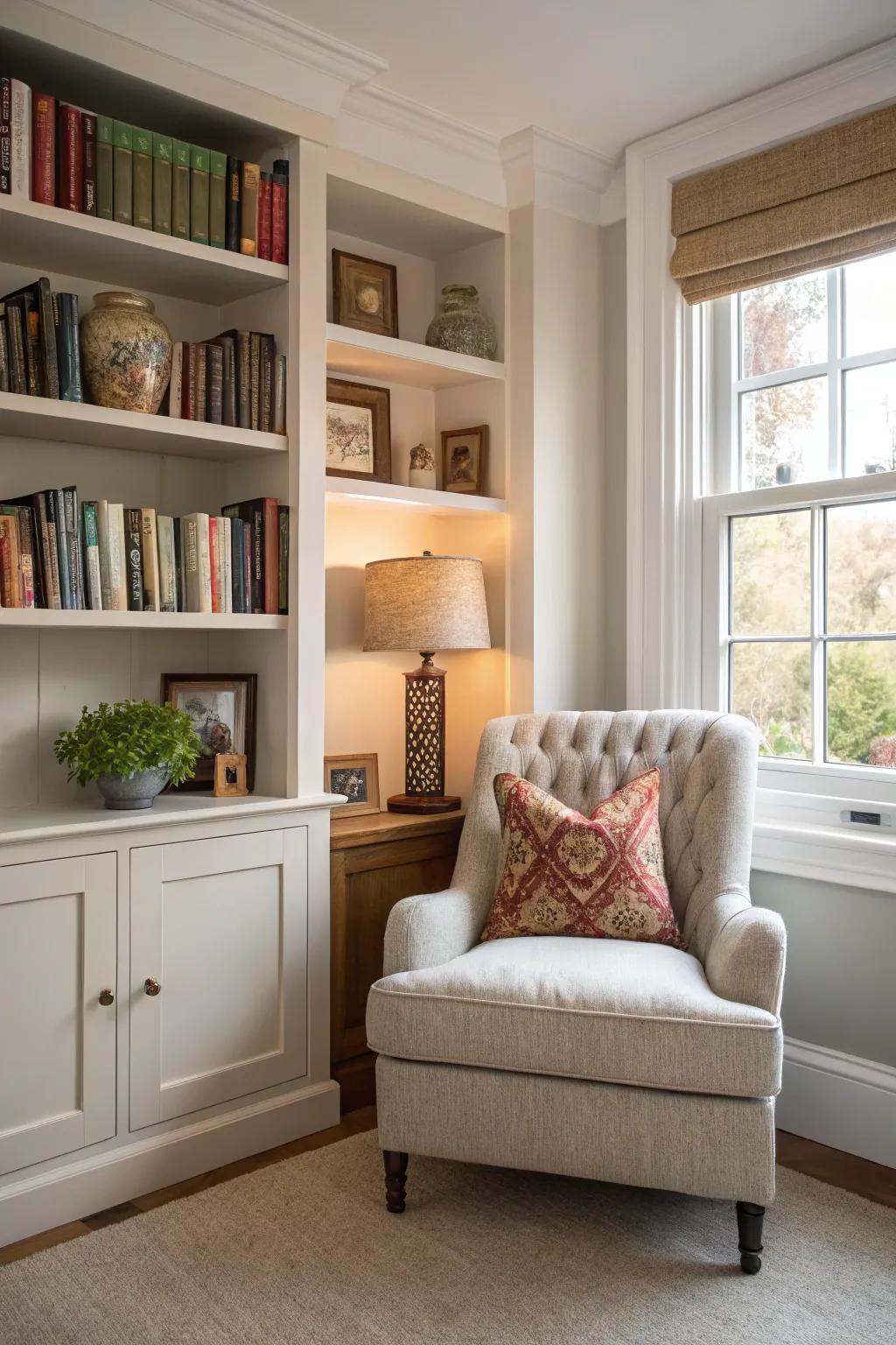 A corner bookshelf transforms an underutilized area into an inviting reading nook.