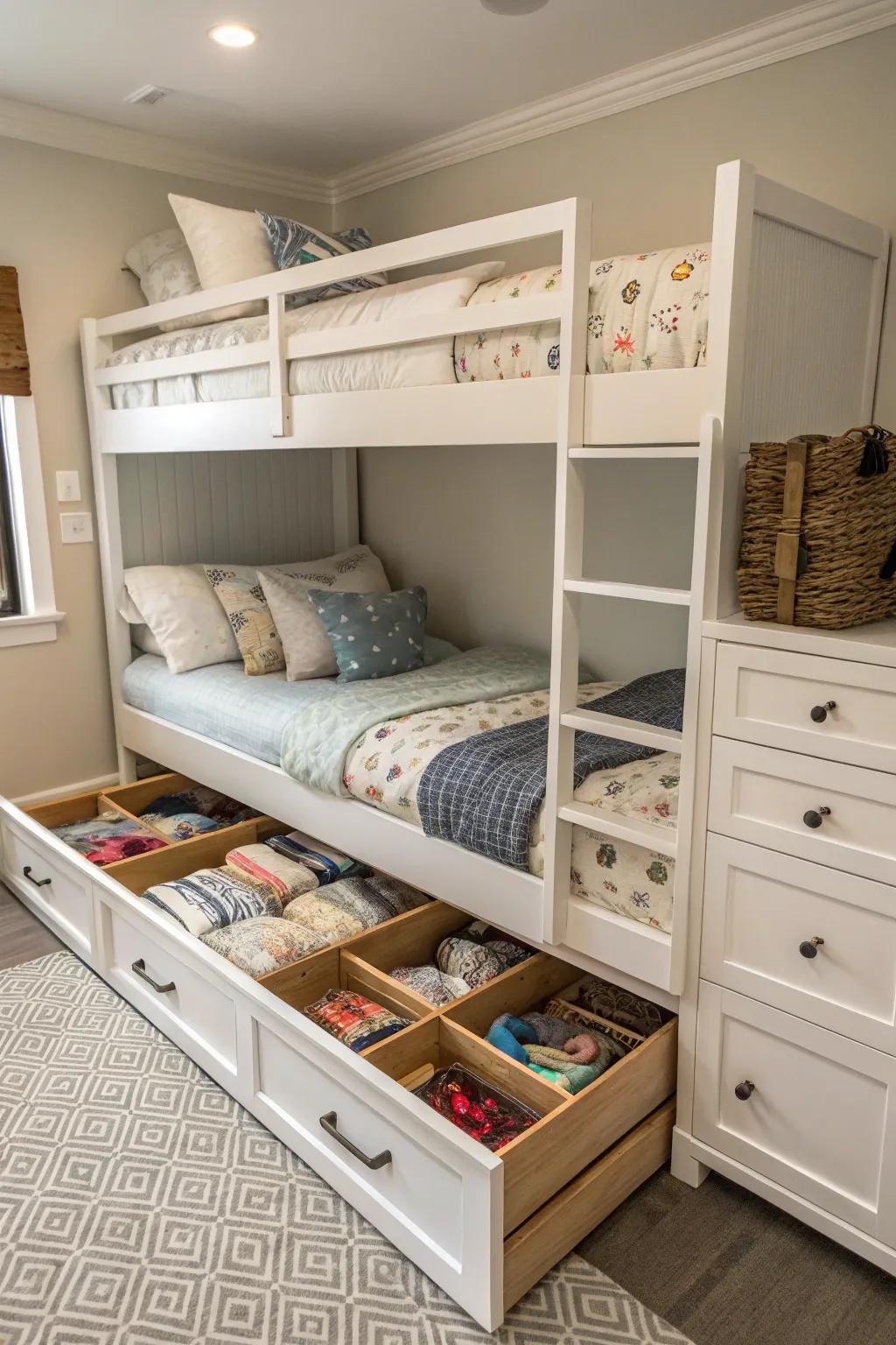 Ingenious storage solutions nestled beneath your bunk beds.