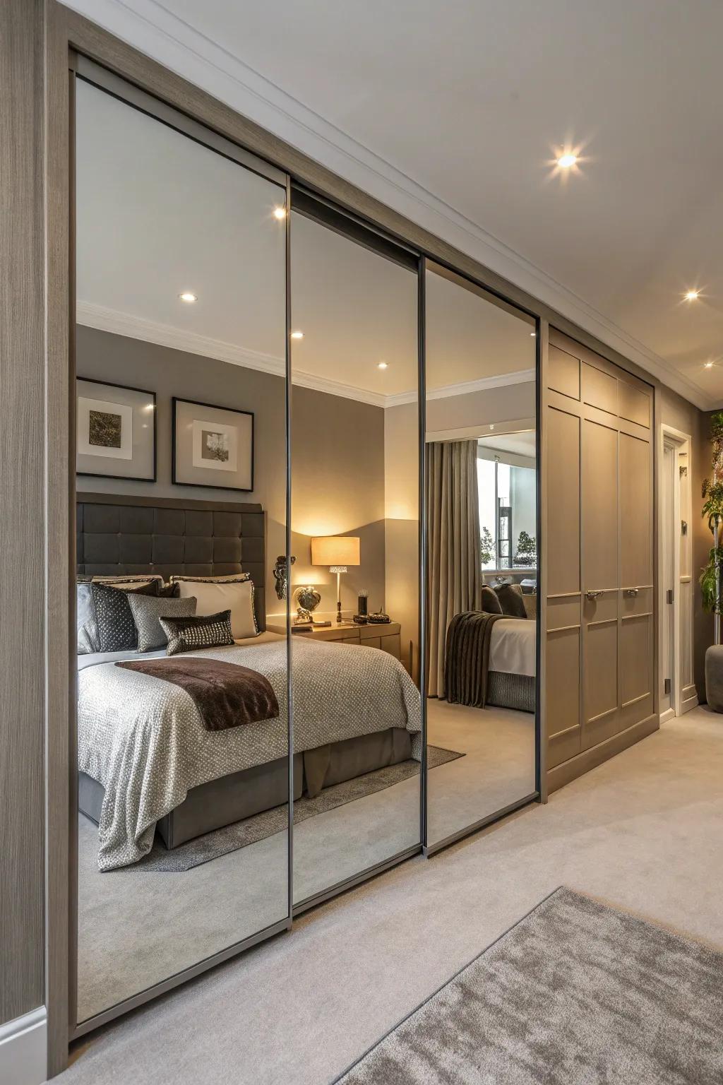 Mirrored sliding panels contribute depth and flair to any room.