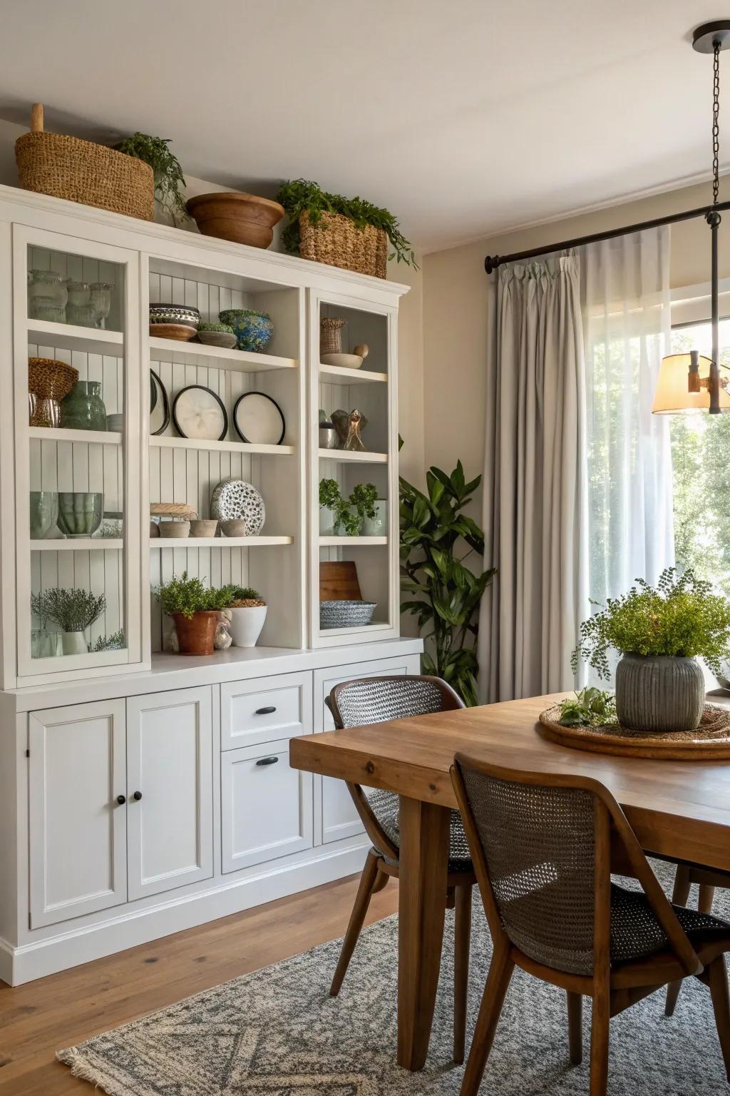 Dining room showcasing open shelving alongside enclosed cabinets, combining both style and function.