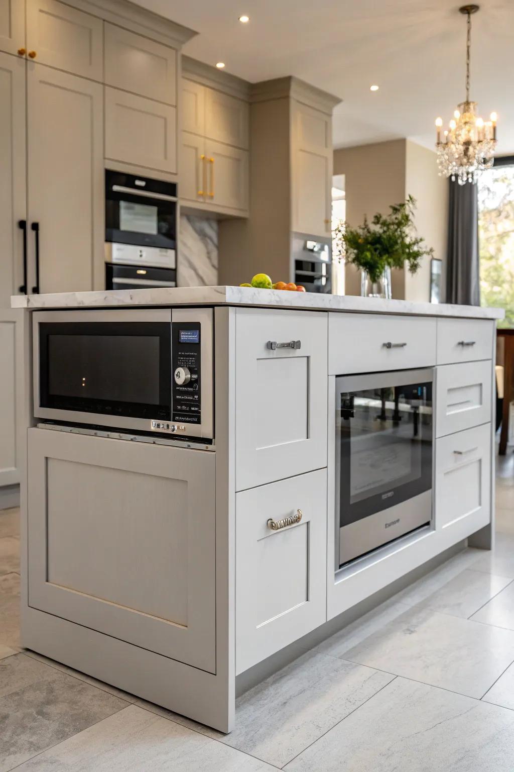 An elegant drawer-style wave oven built into a kitchen island.