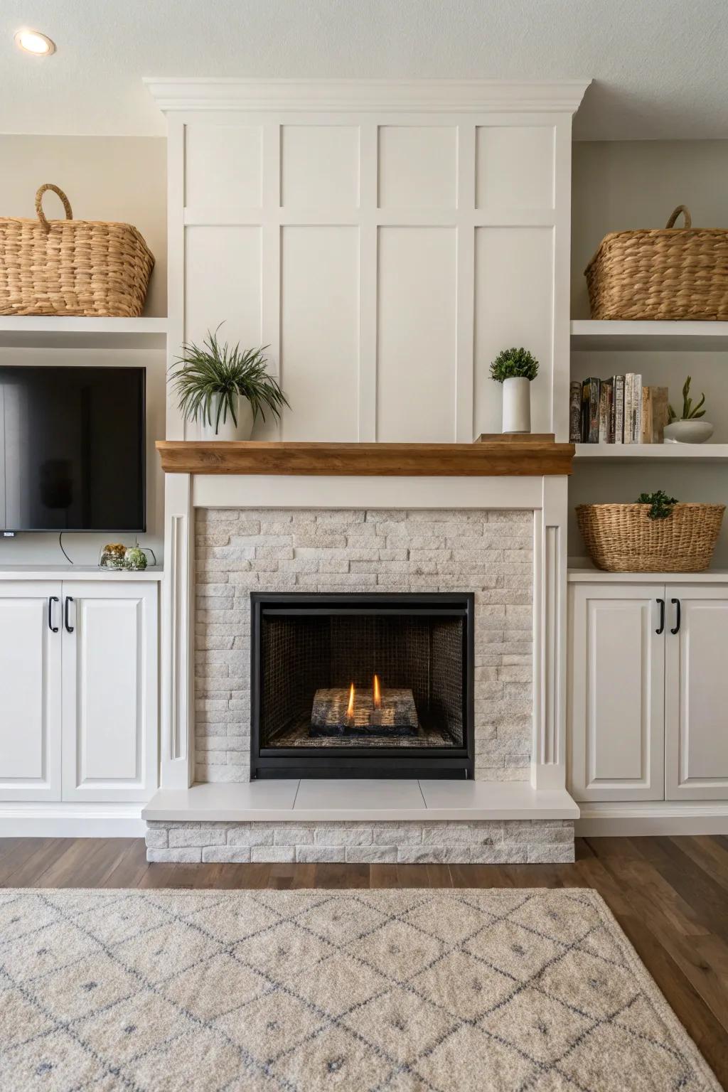 Cabinets that are closed give a neat, contemporary touch to the fireplace setting.