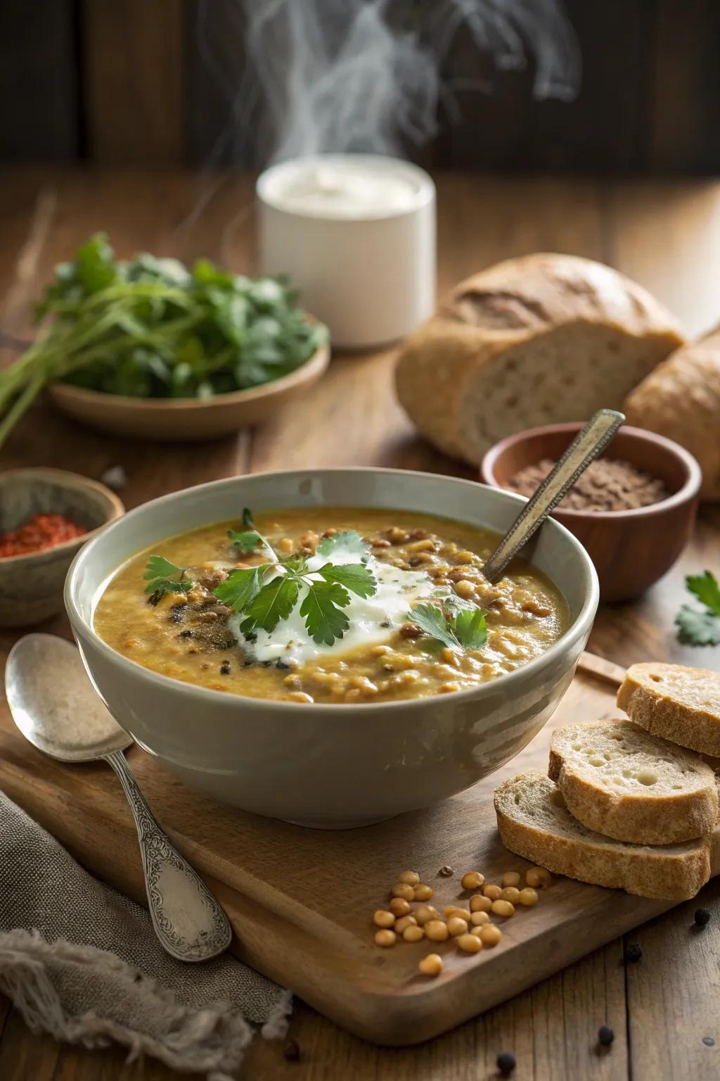 A smooth lentil soup featuring a hint of coconut for an extra-cozy meal.