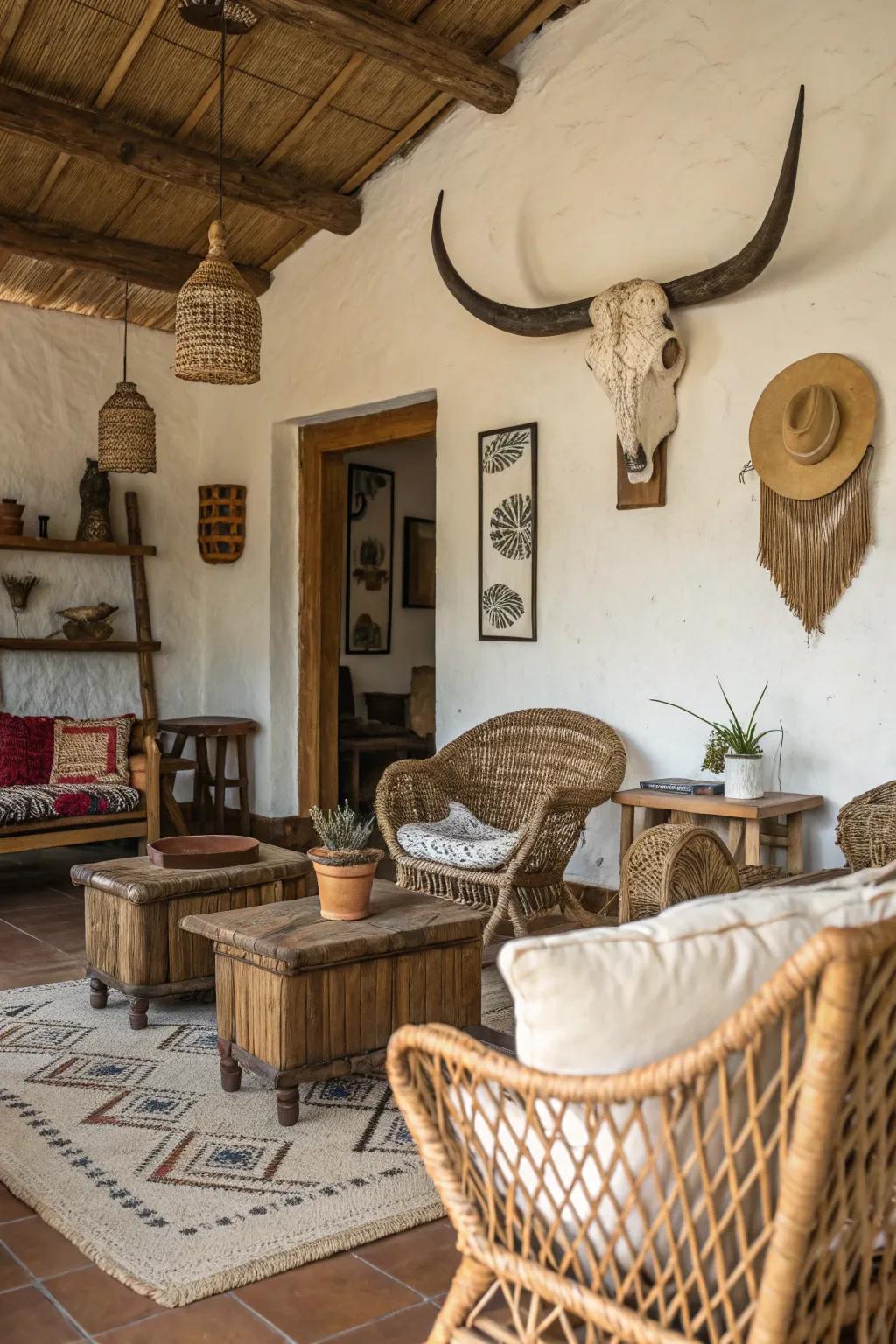 Creative and rugged beauty with a cow skull centerpiece.