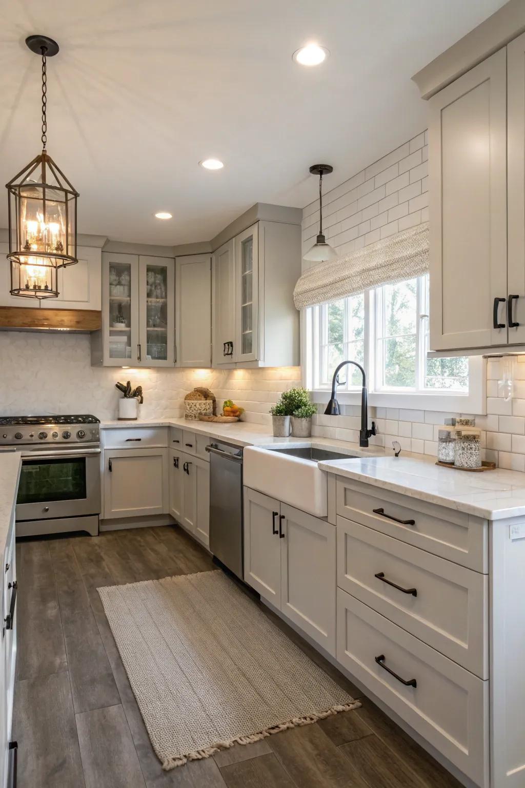 A cottage kitchen with a color scheme of neutral tones that emanates timeless beauty.