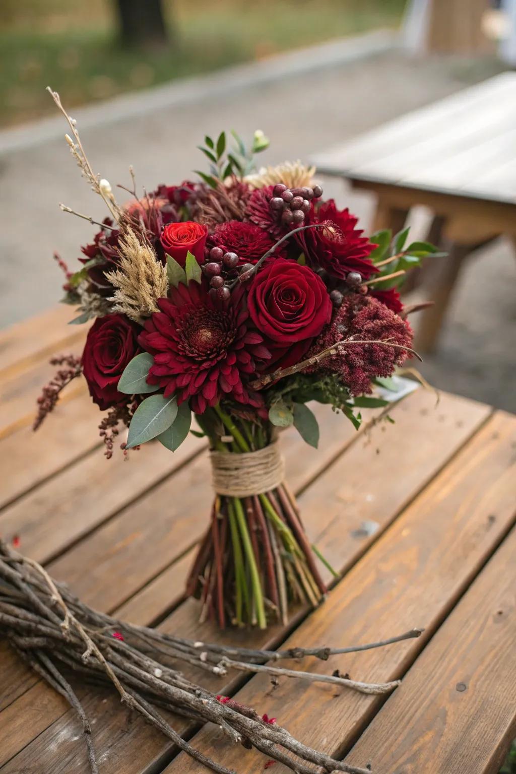Woodland wedding bouquet featuring branches and deep red flowers.